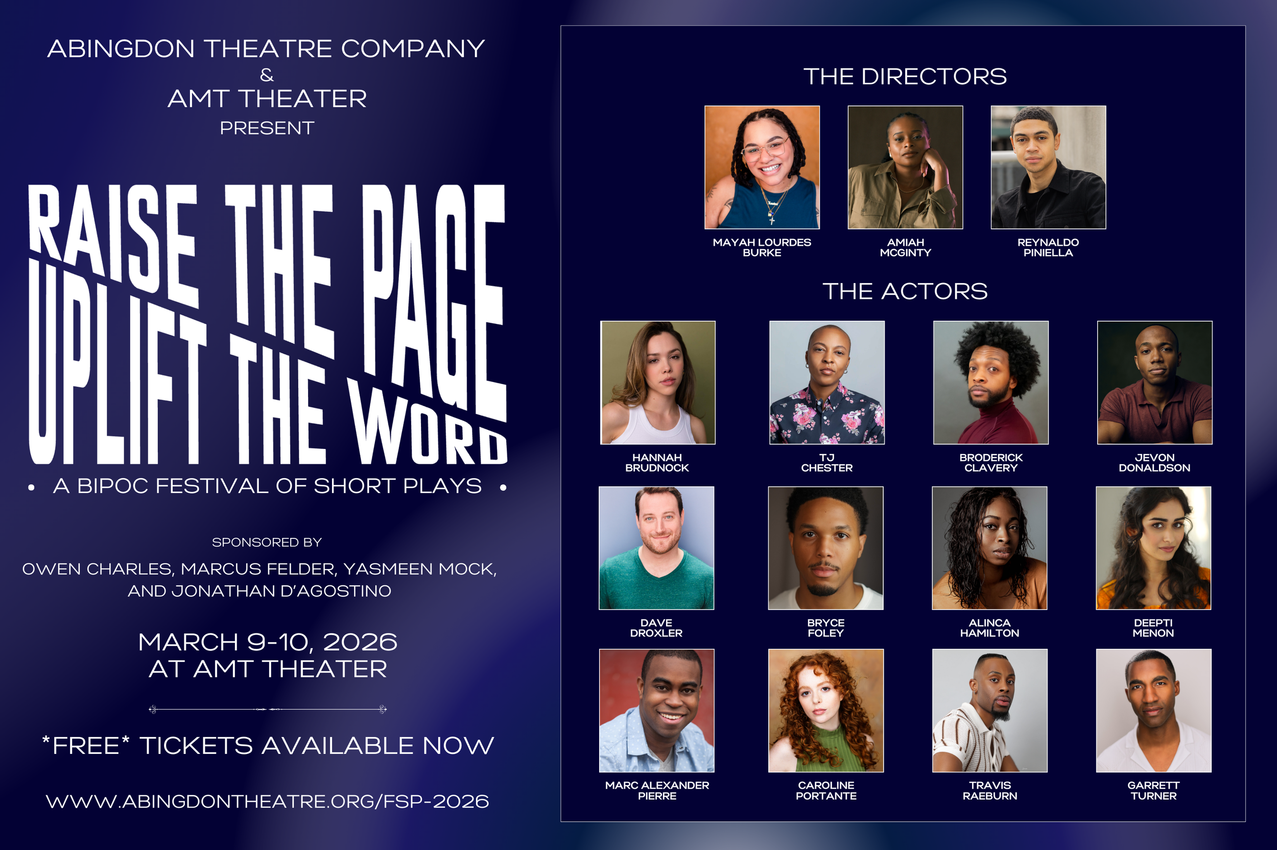 Raise the Page Uplift the Word A BIPOC Festival of Short Plays; Director (3) and Actor (12) headshots on a navy background.