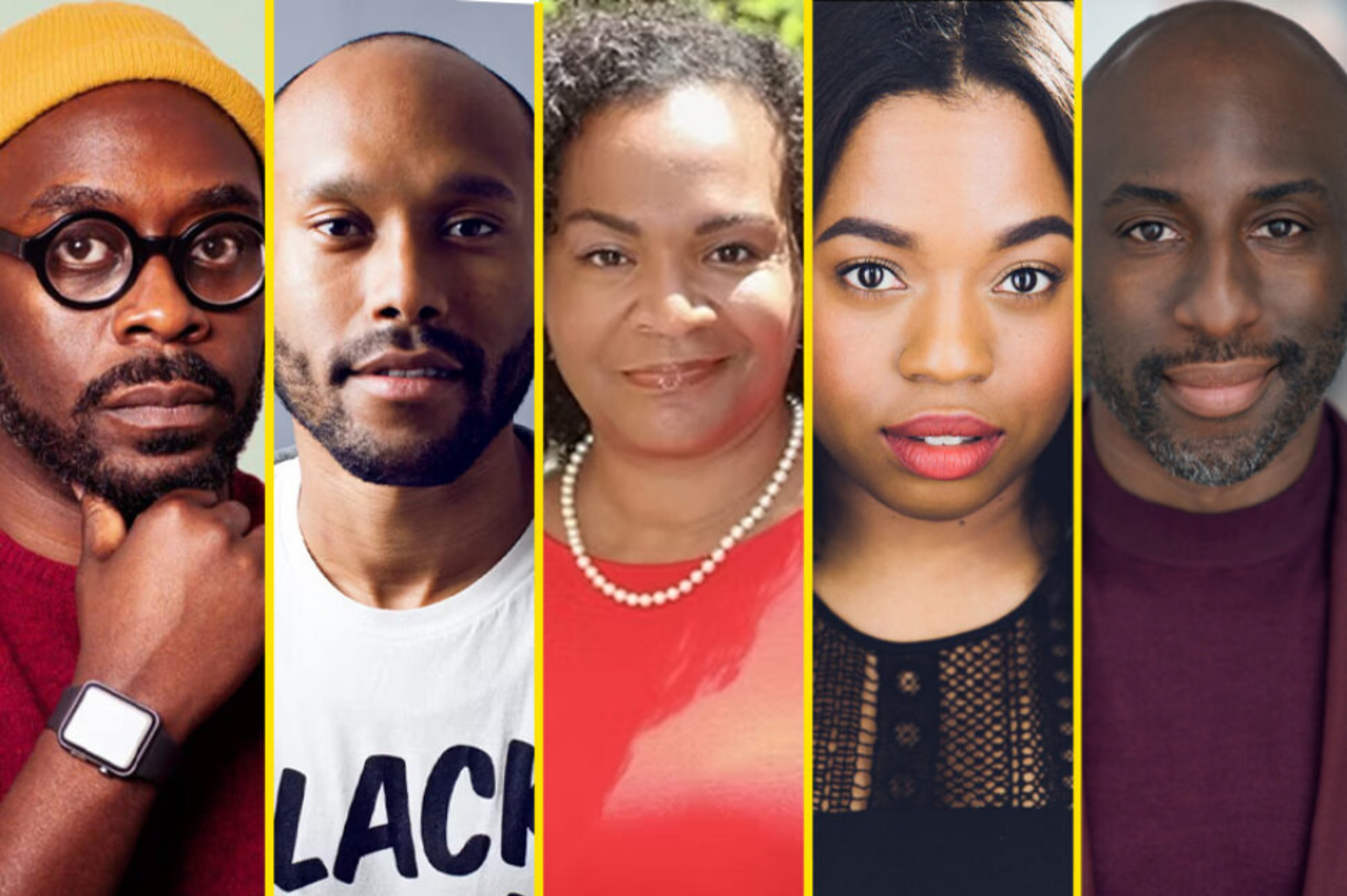 Headshots of James Ijames, Jonathan McCrory, Jamila Ponton Bragg, Lawryn LaCroix, and Rashad V. Chambers divided by yellow lines.