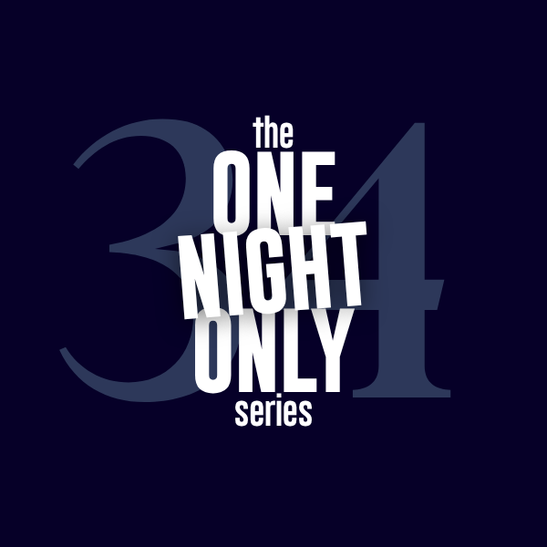 The One Night Only Series in fancy white font in front of a navy blue circle that has bursting sparks.