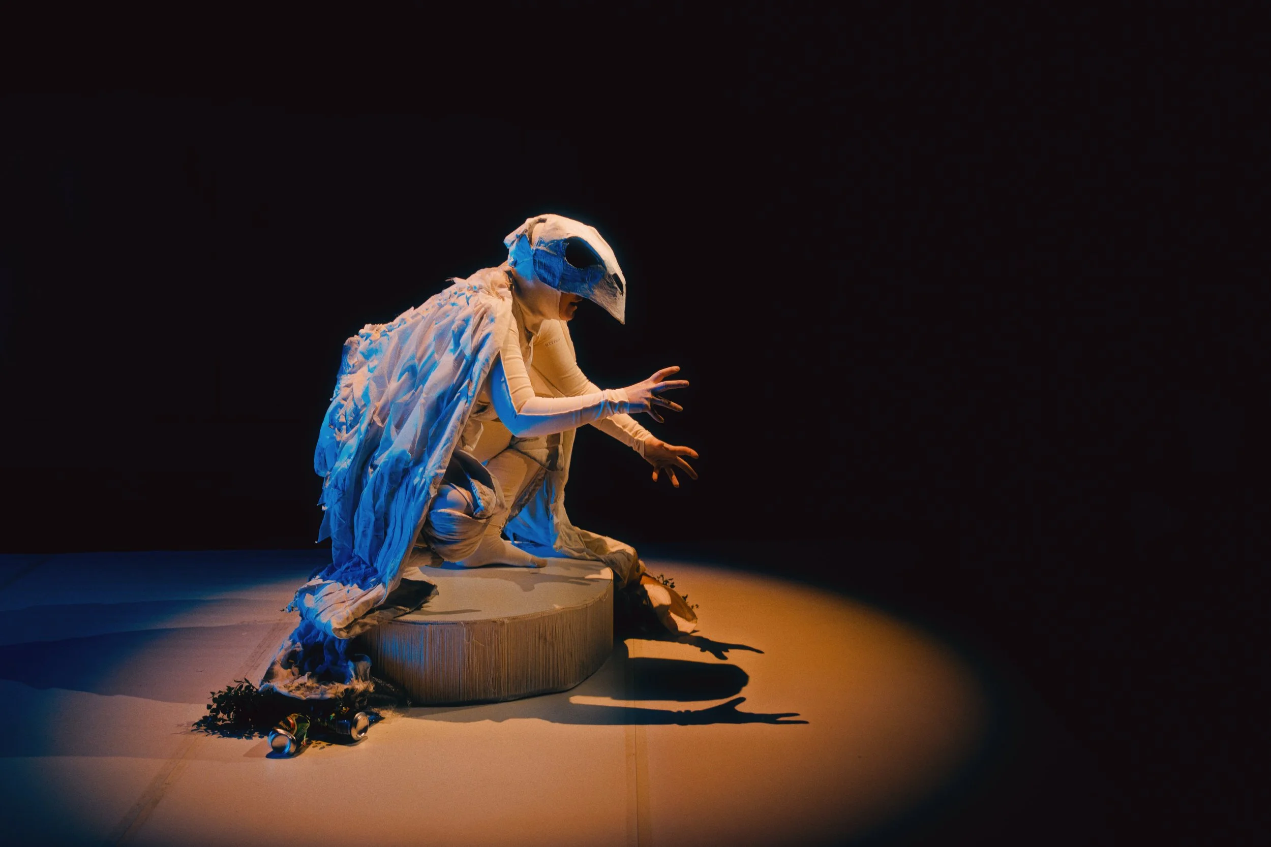 scenografi, kostume, masker - "Fugl Falder" - Bådteatret 2025 (foto: Rumle Skafte)