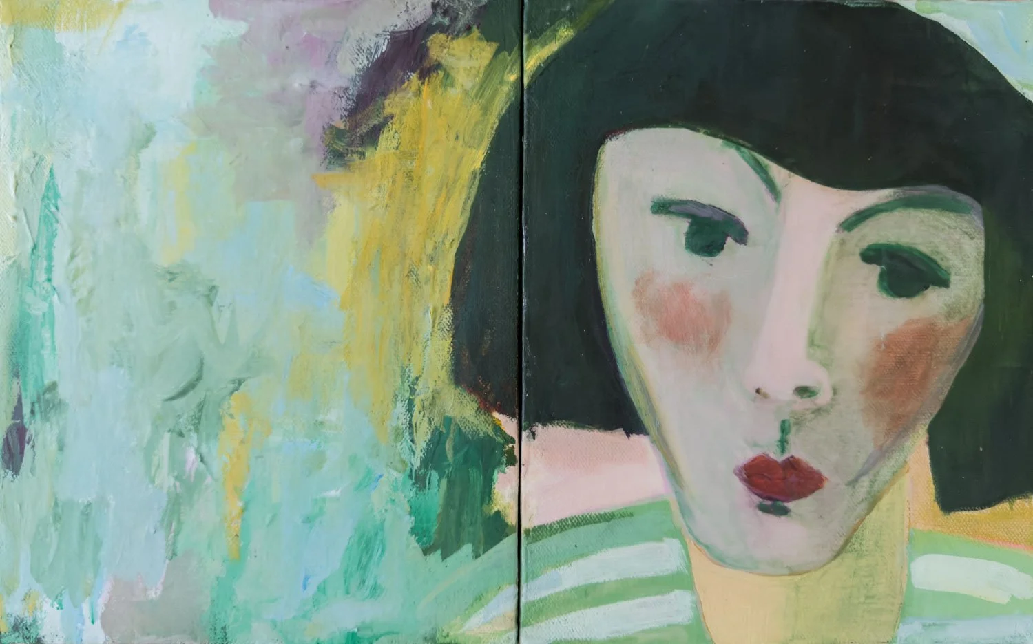 An abstract painting of a woman with black hair and a striped shirt, with a mix of soft pastel colors and bold brushstrokes.