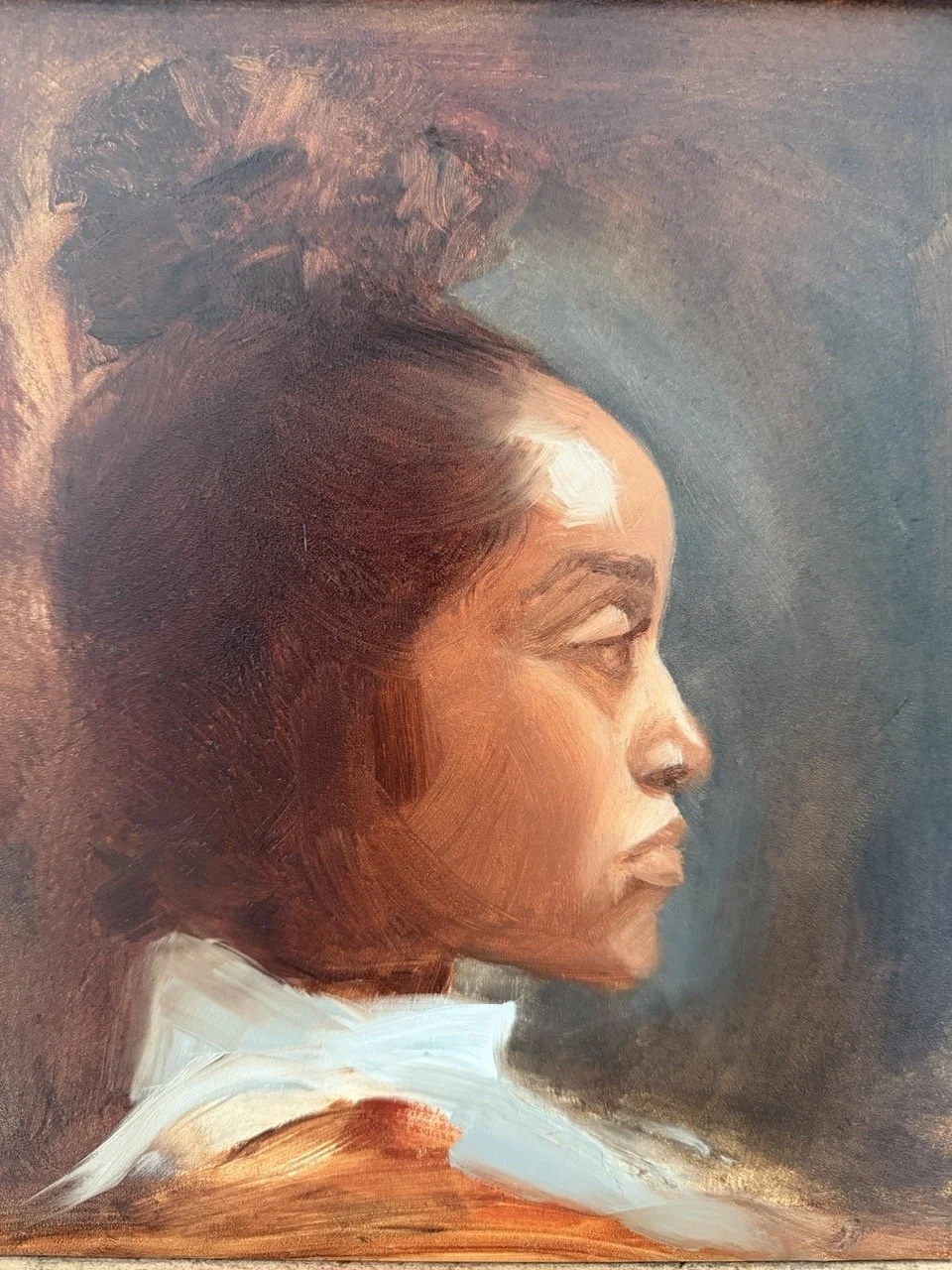 A painted portrait of a woman in profile with dark hair styled in a bun, wearing a white garment with orange accents, against a dark, textured background.