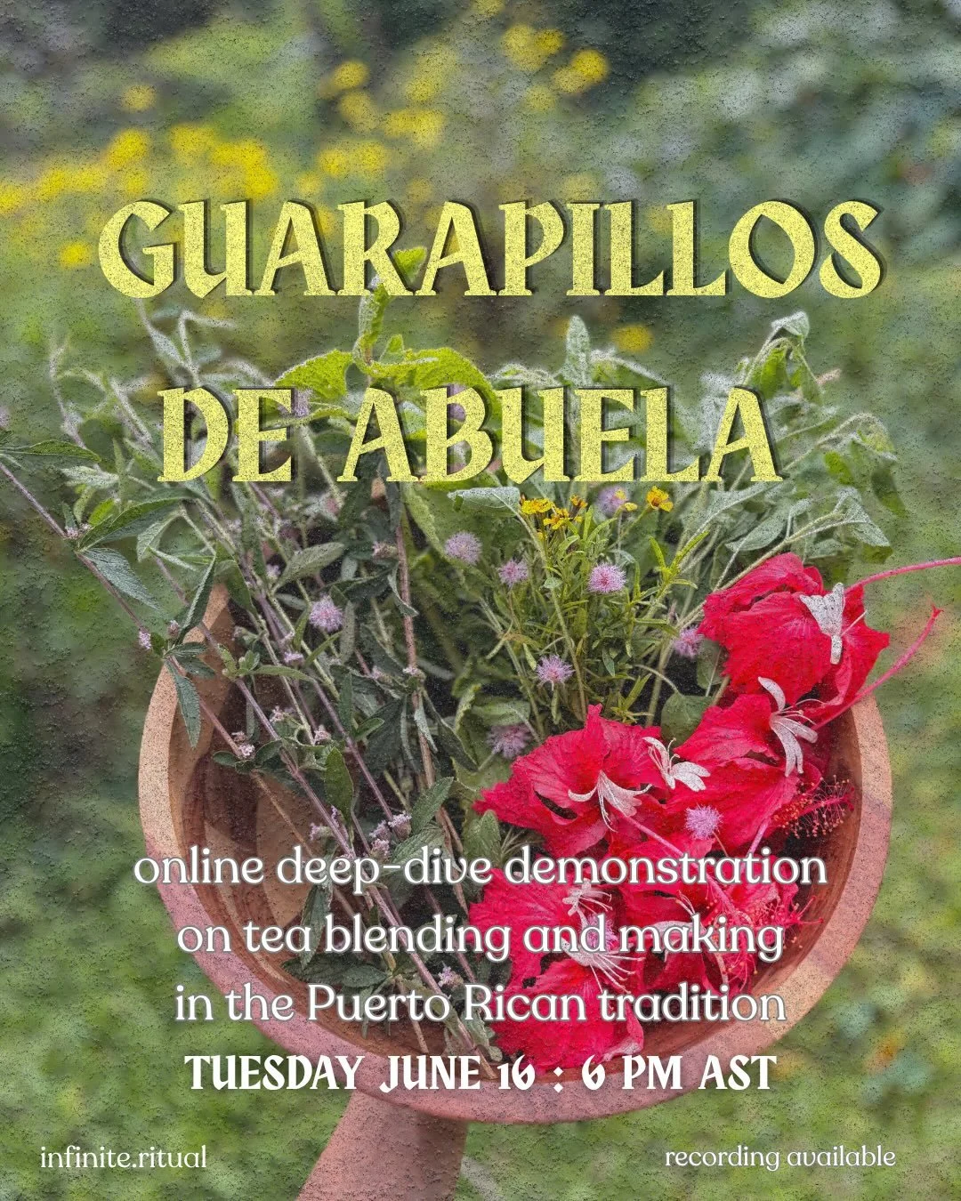 Guarapillos de Abuela is an offering born from the many conversations I&rsquo;ve had with my own grandmother and the medicine she grew up with in Puerto Rico : 

her mother&rsquo;s garden was the pharmacy, and teas, or guarapillos, made from fresh pl