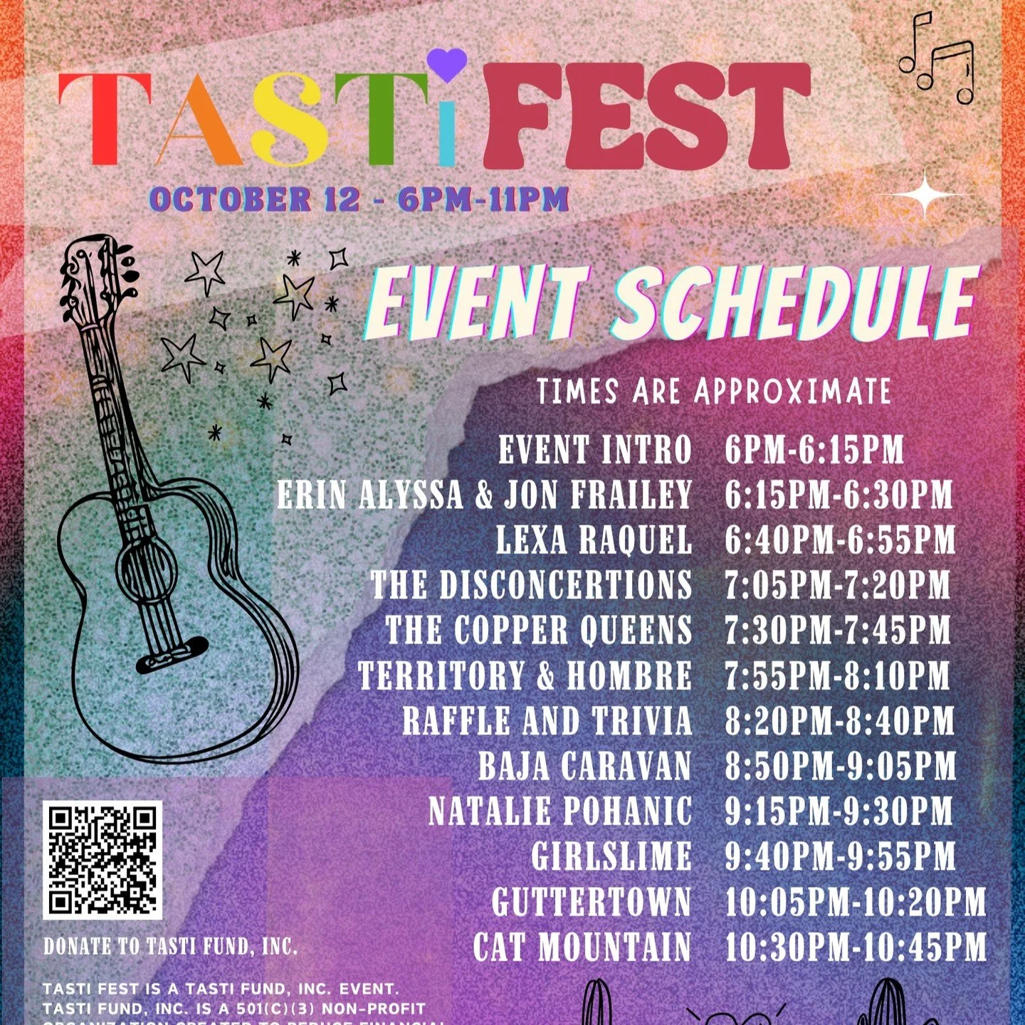 We mustn't run late, but maybe we'll run early?? Get there 30 minutes before the band(s) you want to see or just come for the whole event! Going to be fast-paced and a blast!!

@tastifund
@saintcharlestavern
@lexaraquel_music
@spitegeistjulie
@thecop