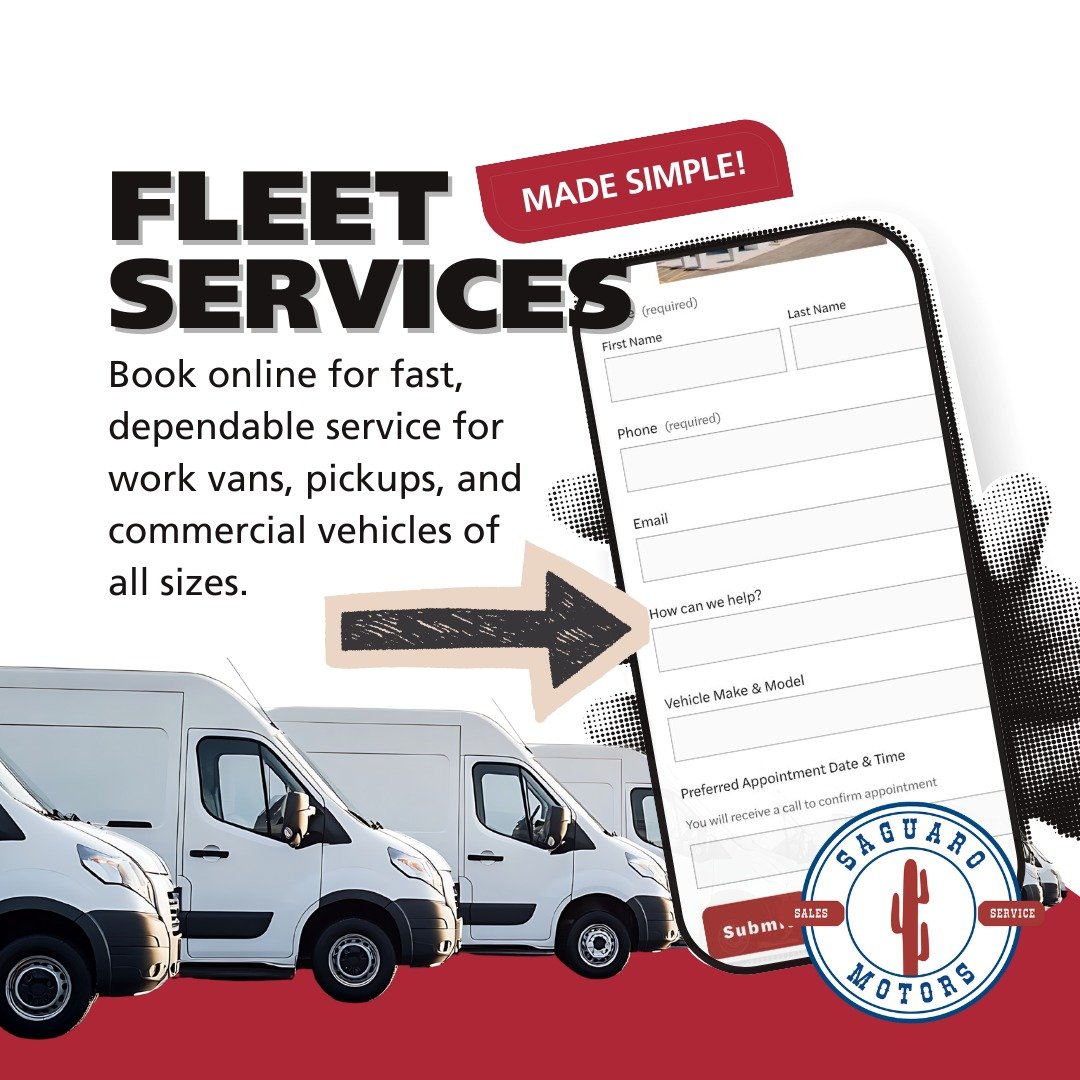 Keep your business rolling with Saguaro Motors Fleet Services.
Book online for fast, dependable service. 
✅ Quick turnaround
✅ Honest pricing
✅ Local Chandler shop
✅ Fleet-friendly maintenance &amp; repairs
📍 809 N Arizona Ave, Chandler, AZ
📞 (480)