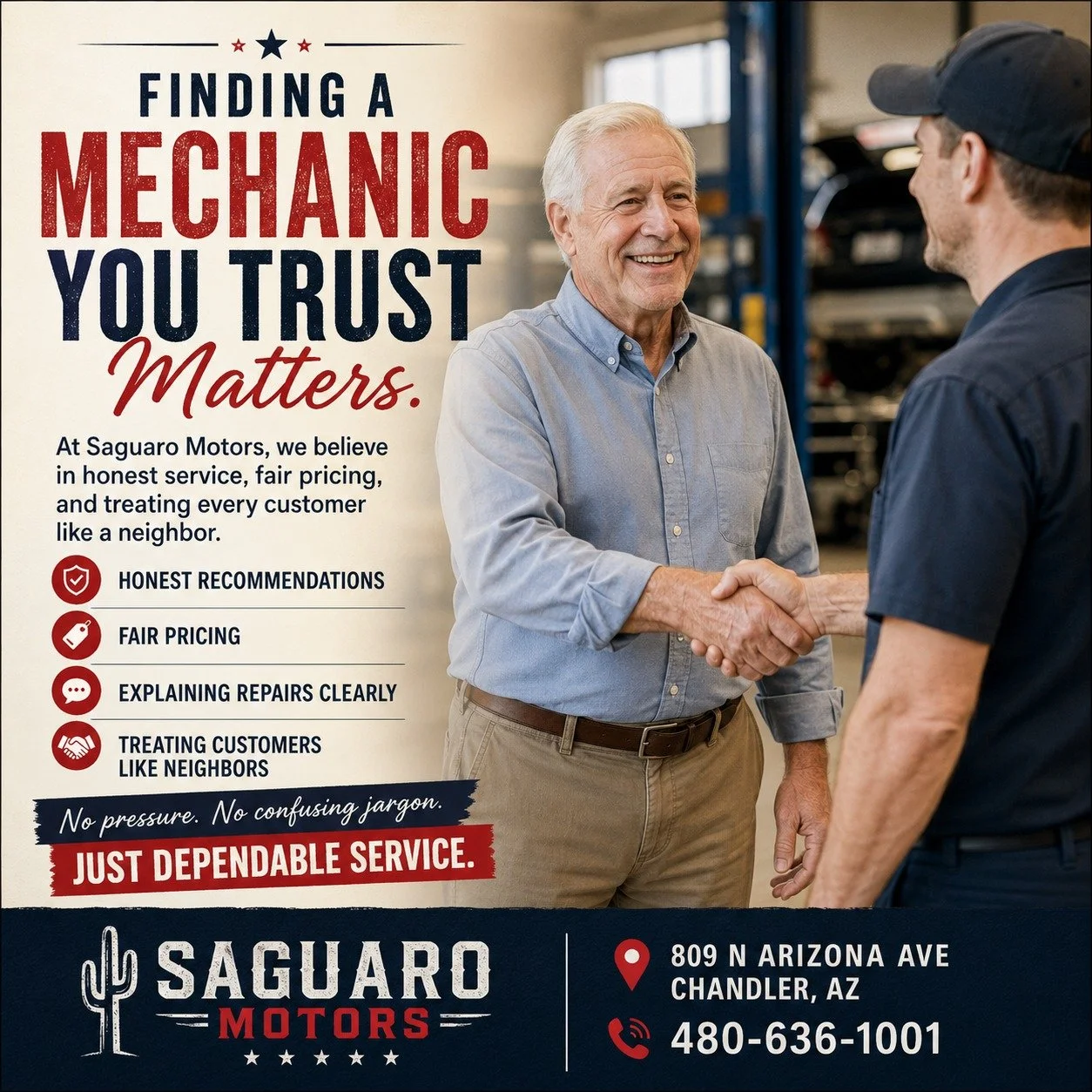 Finding a mechanic you trust matters &mdash; especially when you&rsquo;ve been driving long enough to know the difference 🚗
At Saguaro Motors, we believe in:
✔ Honest recommendations
✔ Fair pricing
✔ Explaining repairs clearly
✔ Treating customers l