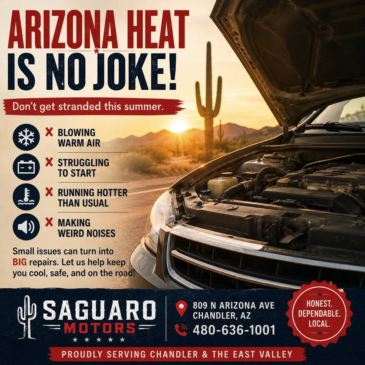 Arizona heat is no joke 

If your car has been:
❌ blowing warm air
❌ struggling to start
❌ running hotter than usual
❌ making weird noises

&hellip;it&rsquo;s probably time to get it checked before a small issue turns into a big repair.

At Saguaro M