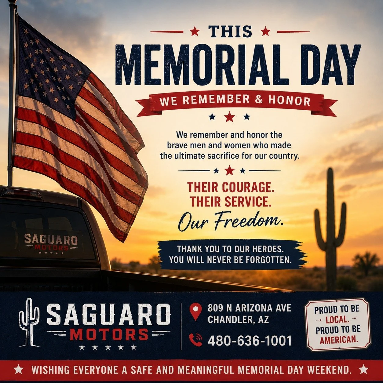 This Memorial Day, we remember and honor the brave men and women who made the ultimate sacrifice for our country 🇺🇸

Their courage and service will never be forgotten.

From all of us at Saguaro Motors, thank you to the heroes who gave everything f