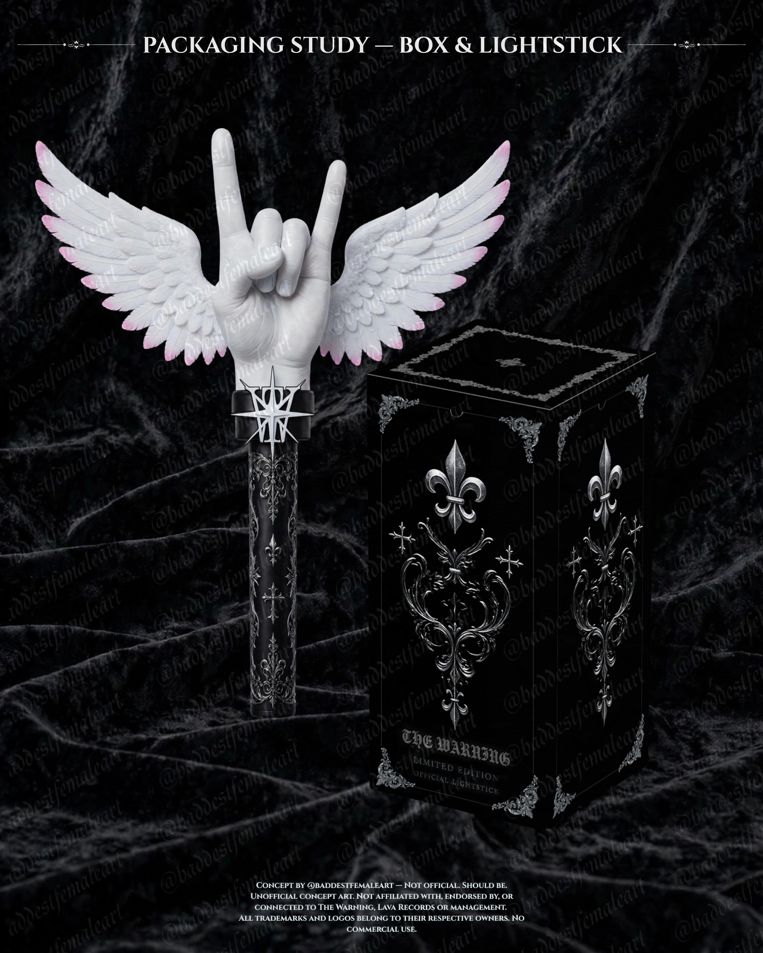 02 — PACKAGING STUDY — BOX & LIGHTSTICK
Matte black box, silver foil fleur de lys + baroque filigree. Magnetic closure, collectible keepsake vessel.