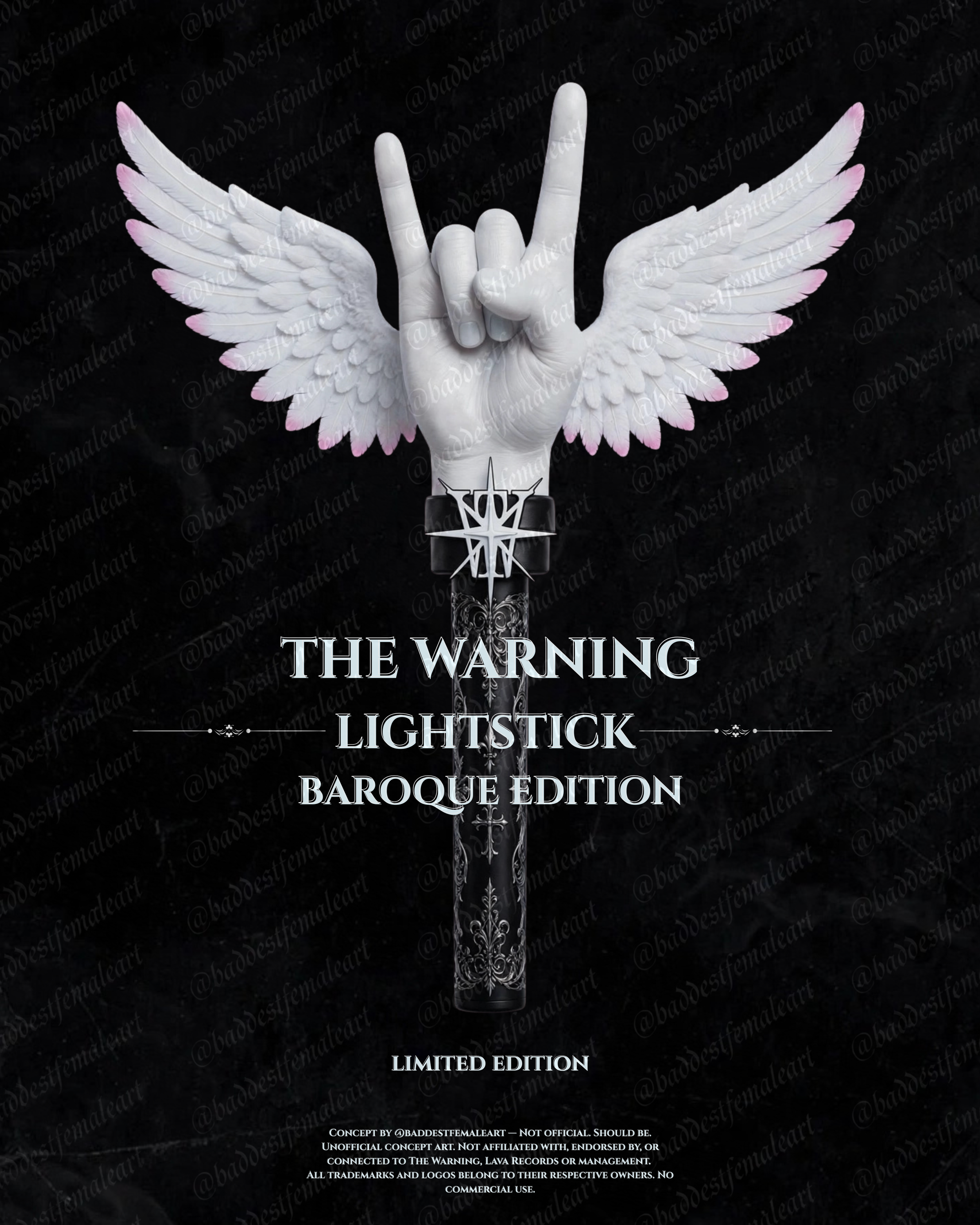 01 — COVER / THE WARNING — LIGHTSTICK BAROQUE EDITION
Title slide. Limited edition concept study. Baroque vessel, white rock hand with angel wings.