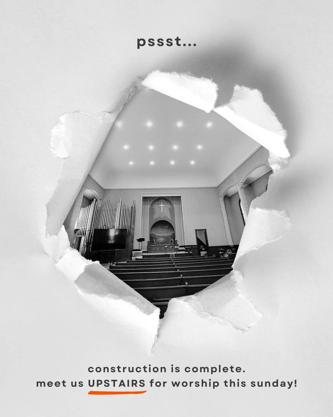 Our ceiling construction project is complete!  That means we'll return to worshipping in our sanctuary starting this Sunday.  Meet us UPSTAIRS at 9:30 or 11 am to get your first peek.