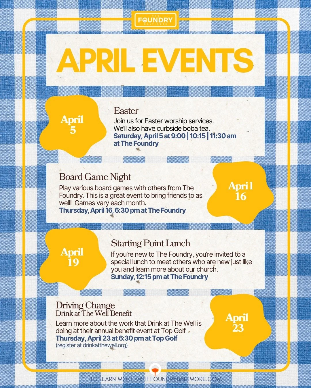 Here's what's happening at The Foundry in April. 
Learn more at foundrybaltimore.com