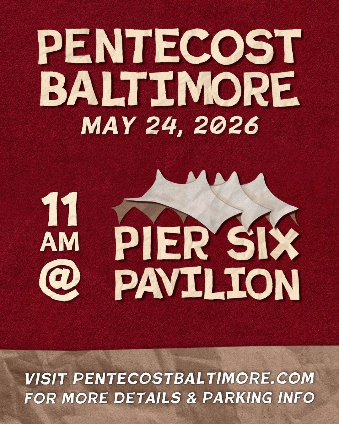 Pentecost is this Sunday!  We won't meet at The Foundry this week; instead, we'll gather with multiple churches from around the city to worship as one at Pier Six Pavilion in the Inner Harbor.  Make your plans to join us!

Go to PentecostBaltimore.co