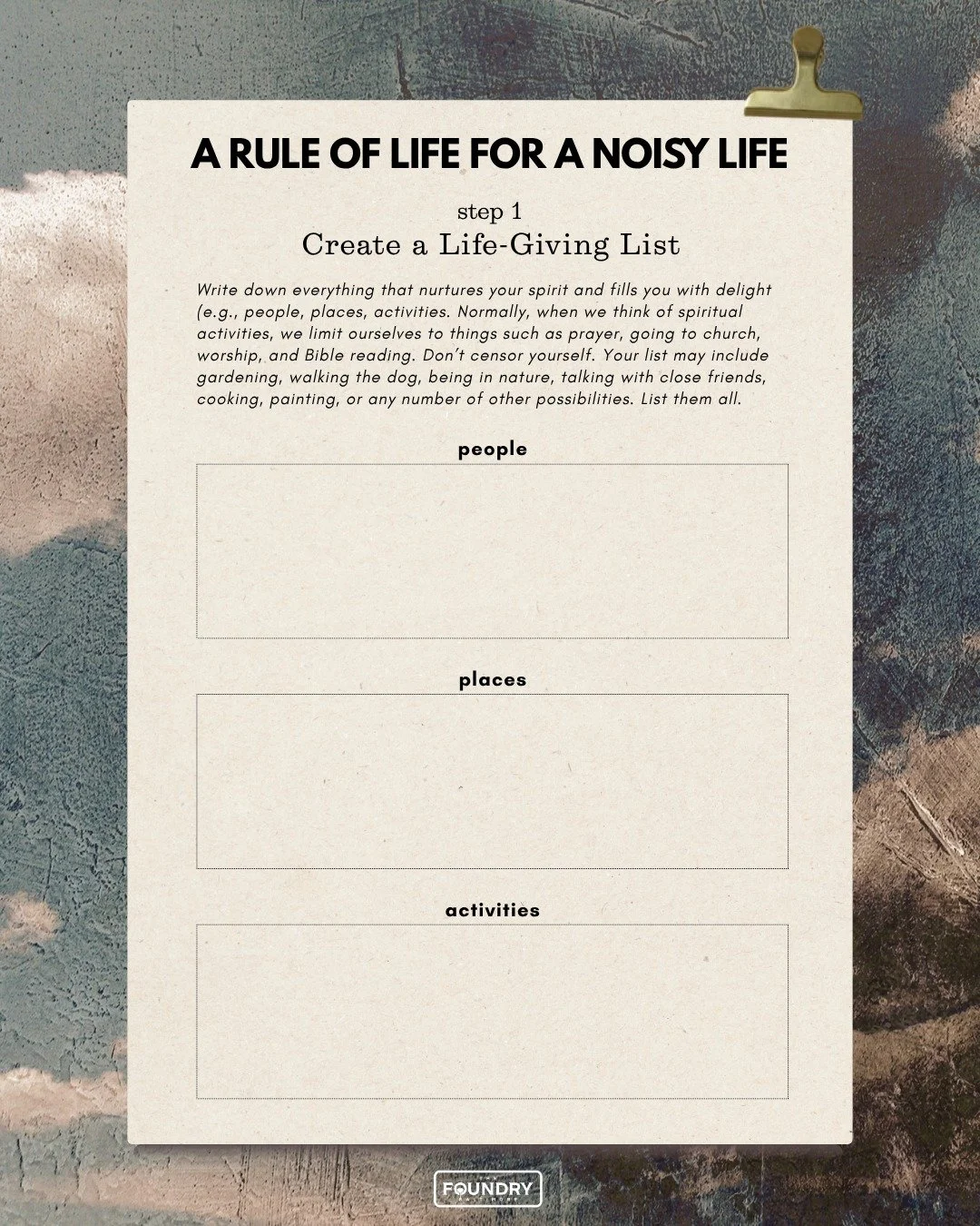 Sunday, we walked through how to create your own "rule of life". Follow these prompts to walk through the process. 
#smellsliketeenspirit