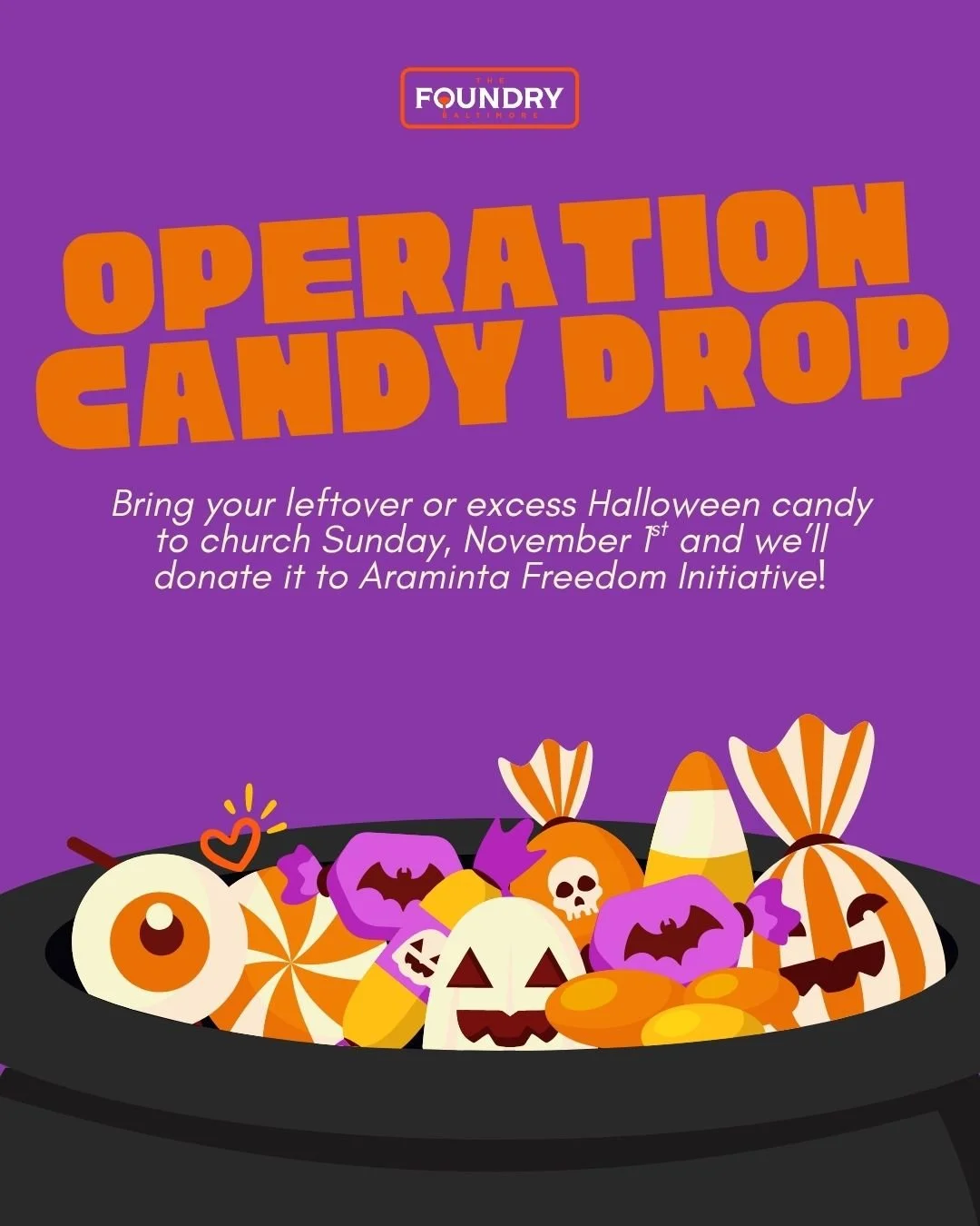 What are you doing with all of your excess Halloween candy?  Bring it to church this Sunday,  and we'll donate it to our friends at Araminta Freedom Initiative so they can use it in their ministry.  Drop off wrapped candy in the bin in the lobby this