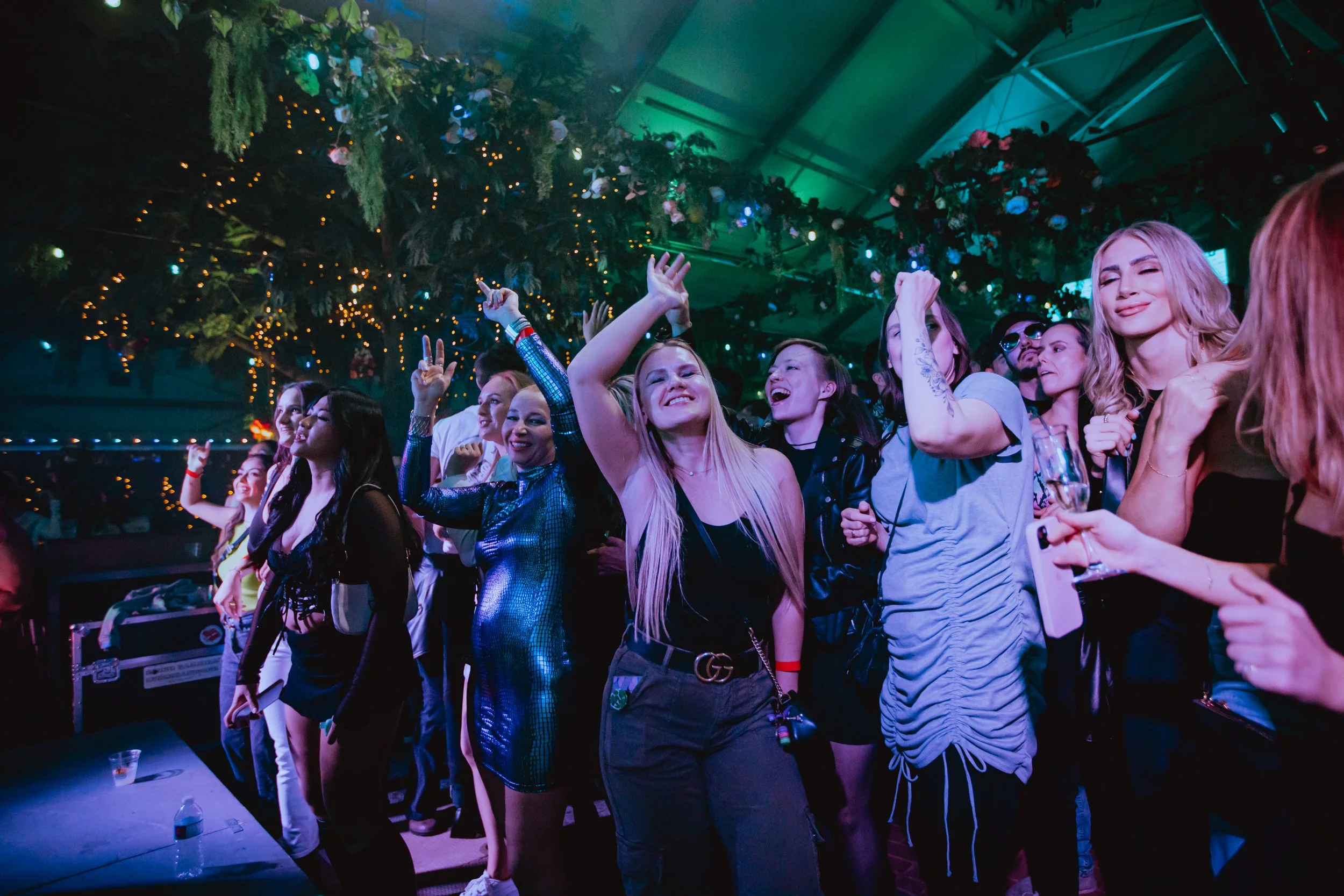 A group of young women enjoying themselves at a lively party or concert with colorful lights, smiling and dancing, under a decorated ceiling with greenery and string lights.