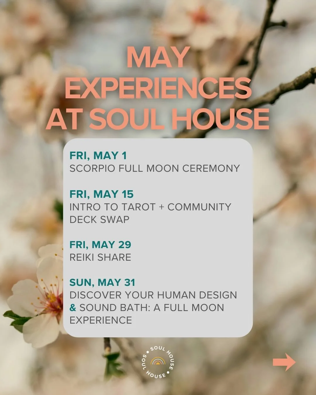 April to May in the blink of an eye 👁️ Our first May event is just around the corner&mdash; this Friday in fact! The first of two full moons this month, how special. 🌕✨

Reign in that Scorpio Full Moon energy this week with @carasoulflow on Friday 