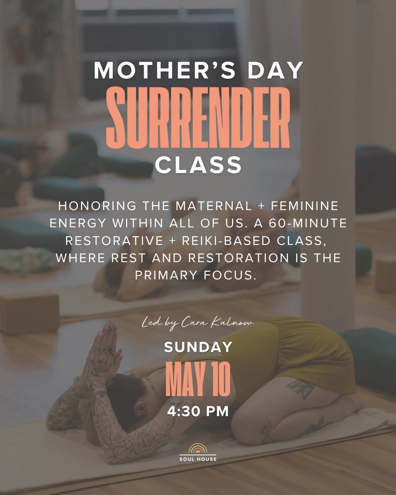 This Sunday at 4:30, @carasoulflow will be guiding a restorative &amp; rejuvenating Surrender flow in honor of the feminine &amp; maternal energy that&rsquo;s within all of us. Be there to honor yourself or your mother. 🦋🩵✨

#surrender #mothersday 
