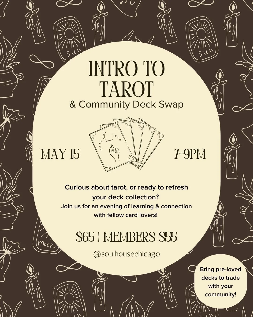 Catch up on our offerings with an Intro to Tarot workshop &amp; Community Deck Swap with @mindful.mirror on 5/15! What an opportunity for expanding both your knowledge of the craft &amp; your collection of decks&mdash; both oracle &amp; tarot decks e