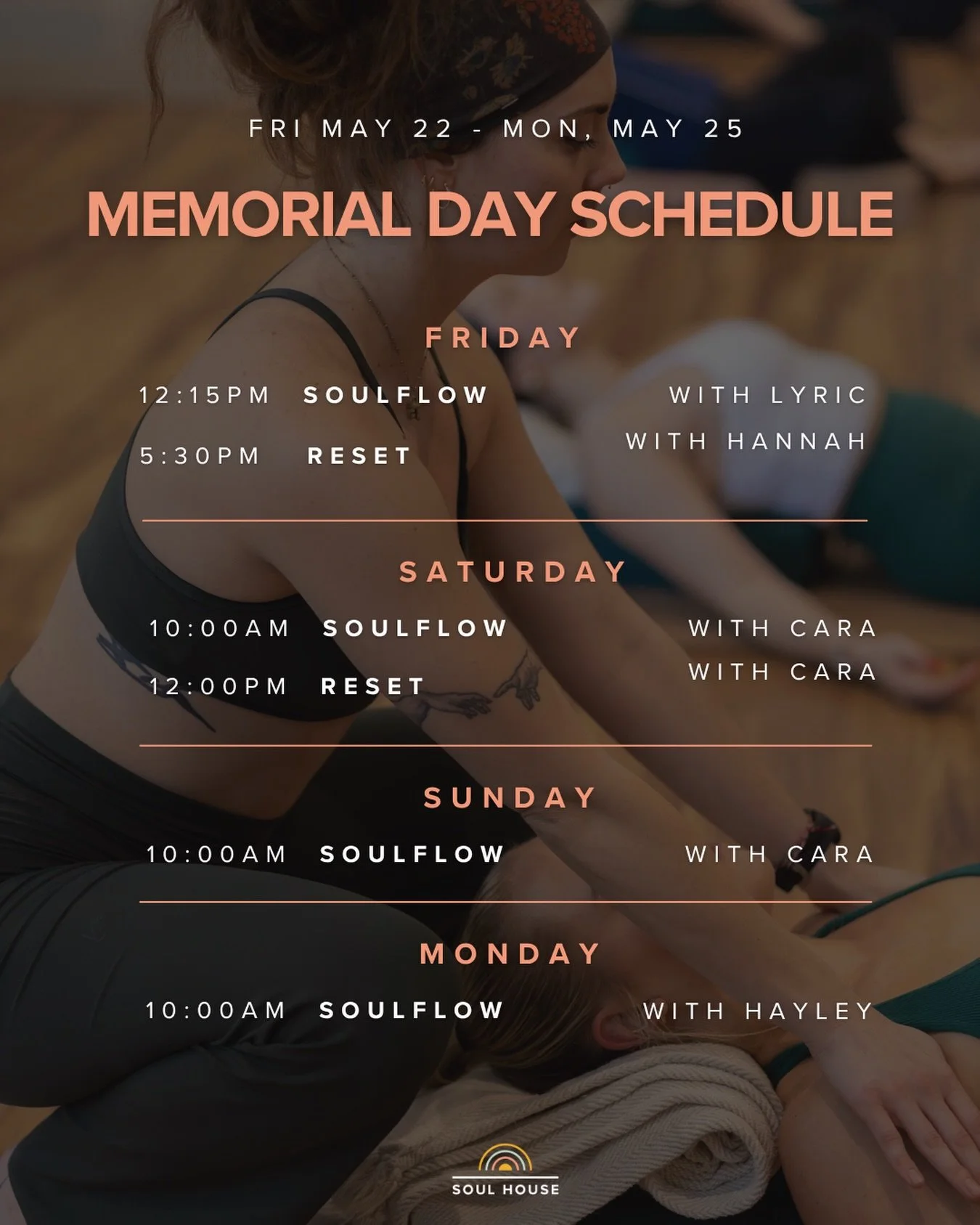 Memorial Day Weekend is upon us! Bring on that summertime Chi kind of vibe ☀️

Schedule updates for your long weekend! We have a couple changes to our regular routine. Be sure to catch @yoga_for_misfits on Monday morning with a 10am Soulflow!

Be saf