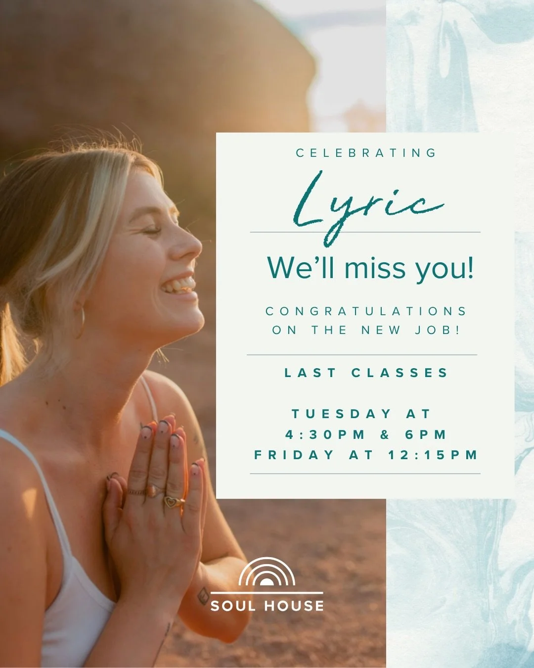 Please join us in congratulating Lyric Swede on her new full time job at Recess. ✨👏

Lyric remains a part of the Soul House community practicing and subbing classes. Her last regularly scheduled classes are this Tuesday at 4:30pm &amp; 6pm and Frida
