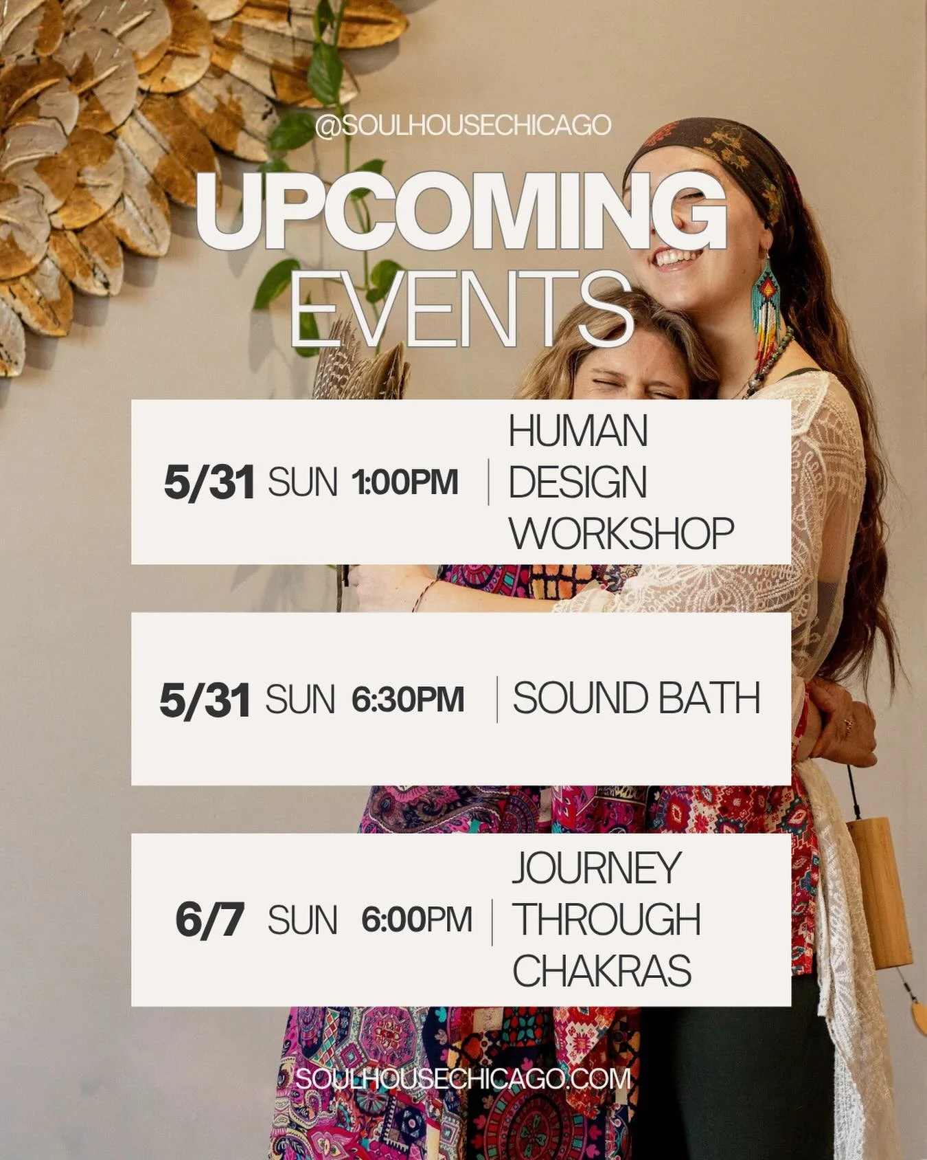 Coming up at Soul House! 🌈☀️ This weekend is host to two beautiful experiences&mdash;

&bull; Exploring Human Design types with @katyhanlon_ on Sunday May 31st at 1:00pm!
&bull; Sound Bath &amp; Full Moon Experience with Julian Daniel &amp; @carasou
