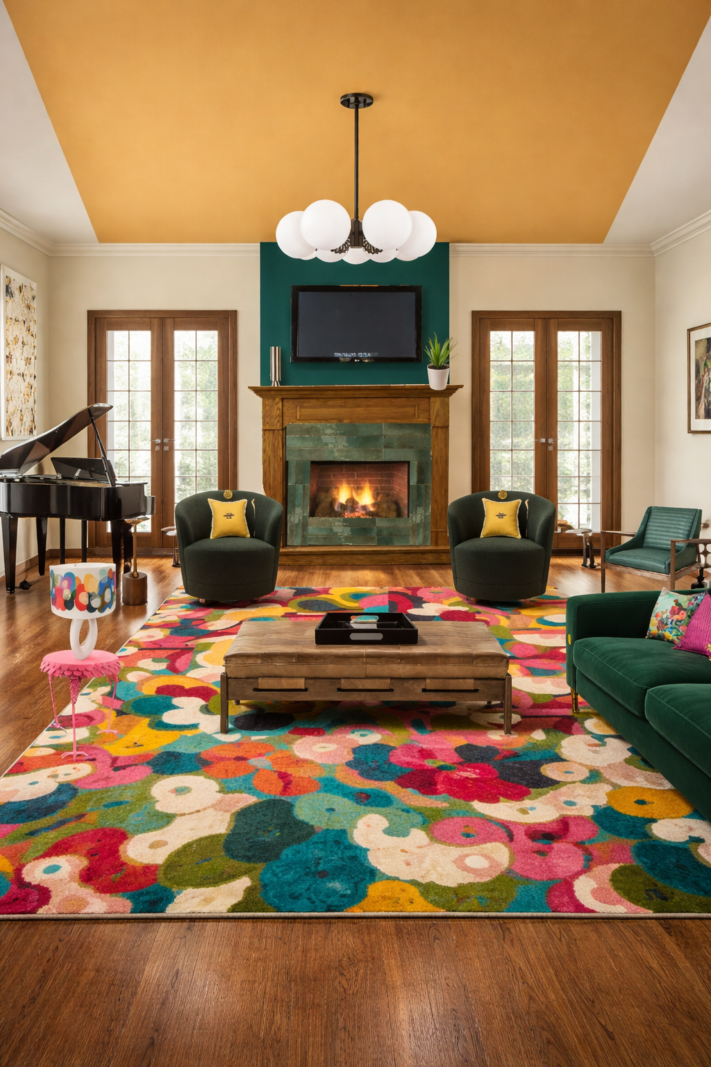 Colorful living room with a fireplace, two green armchairs, a green sofa with colorful pillows, a grand piano, a multicolored floral rug, a modern side table, a pixel art lamp, and a wall-mounted TV above the fireplace.