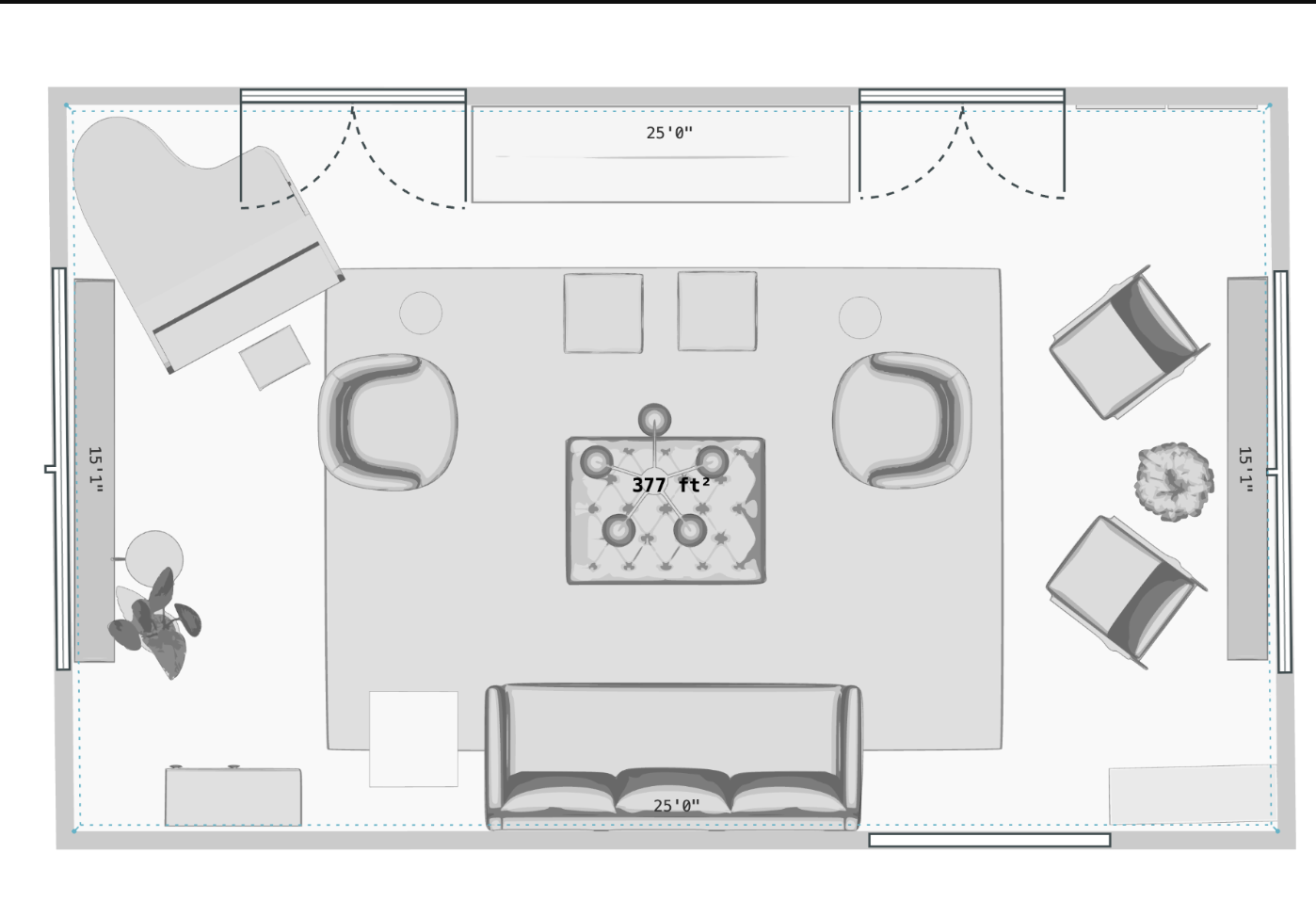 A top-down drawing of a living room with a 25-foot wide sofa at the bottom, two armchairs on the sides, a piano in the top left corner, a rectangular rug in the center with a chandelier, two small tables, and decorative plants and pillows.