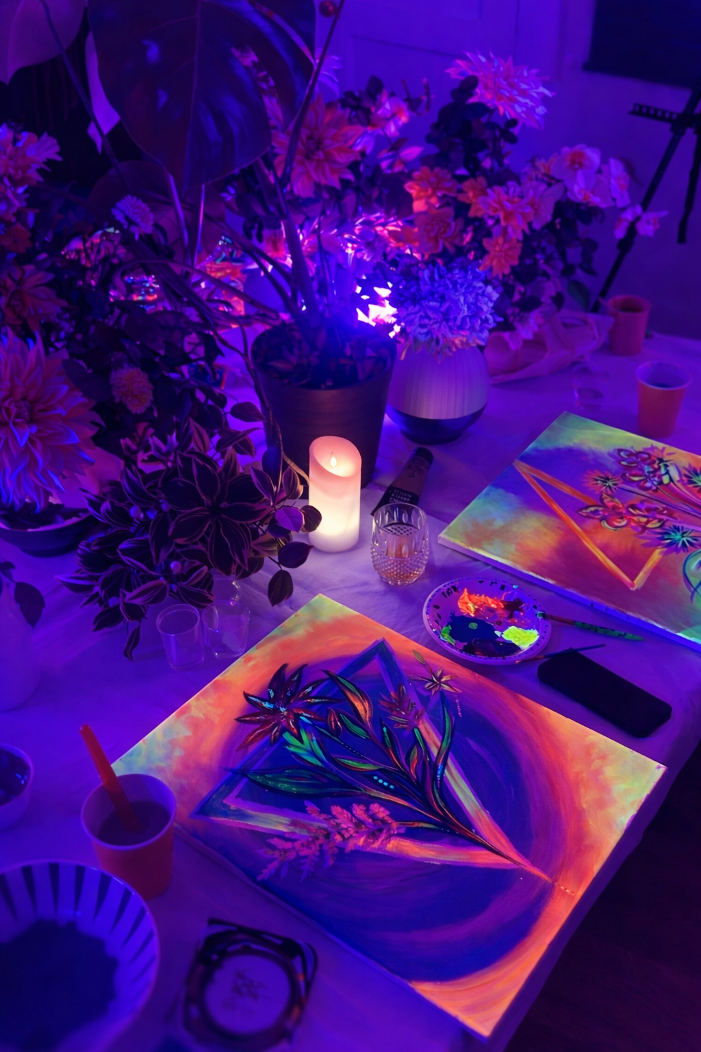 A table decorated with vibrant, neon-style floral artwork, surrounded by flowers, candles, and art supplies in a dimly lit room illuminated with purple and pink lighting.