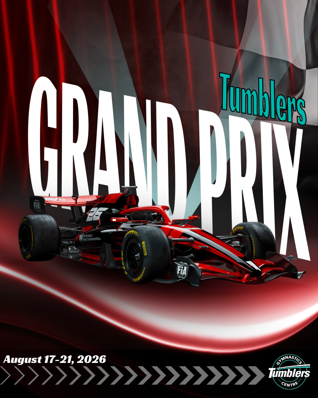 Tumblers Grand Prix summer camp for Tumblers Gymnastics Centre in Ottawa Orleans. Features red f1 car on black and red background with racing flags.