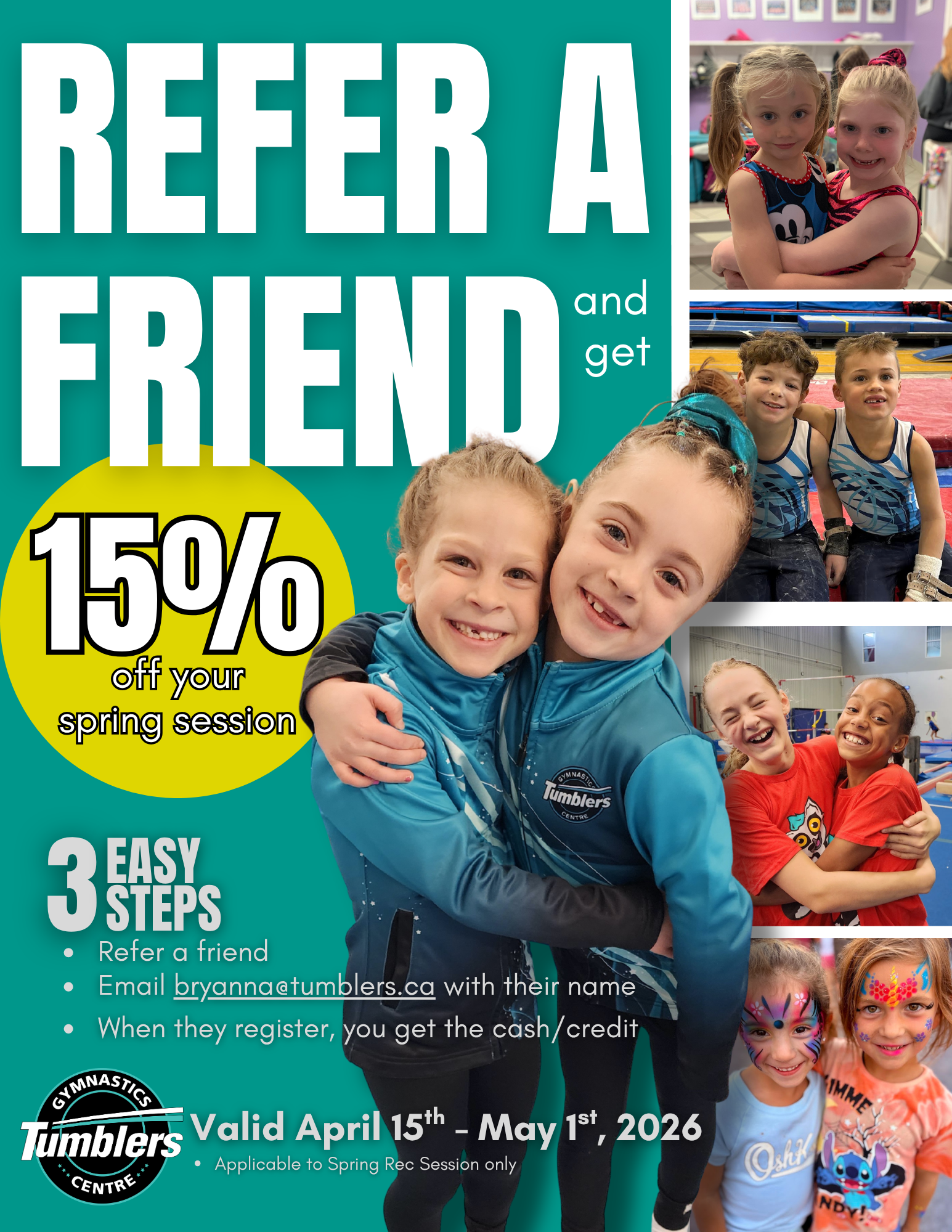 Refer a friend and receive 15% off your spring session. 3 steps to register and is valid from april 15 to may 1st. Features 5 groups of 2 kids sitting together and smiling.