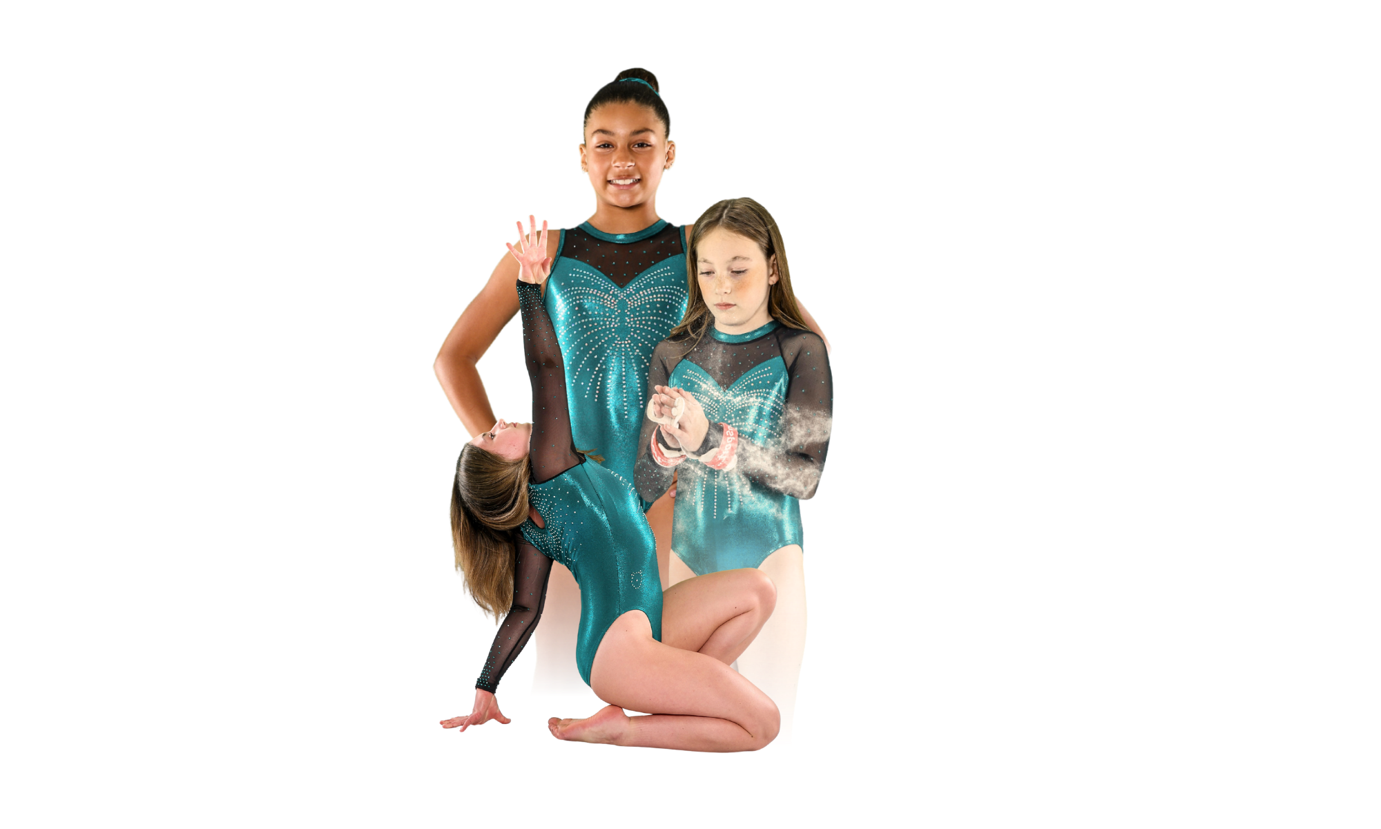 Three girls in teal gymnastics leotards. One on knees with hand in the air. Two facing forward. One using chalk on her hands.