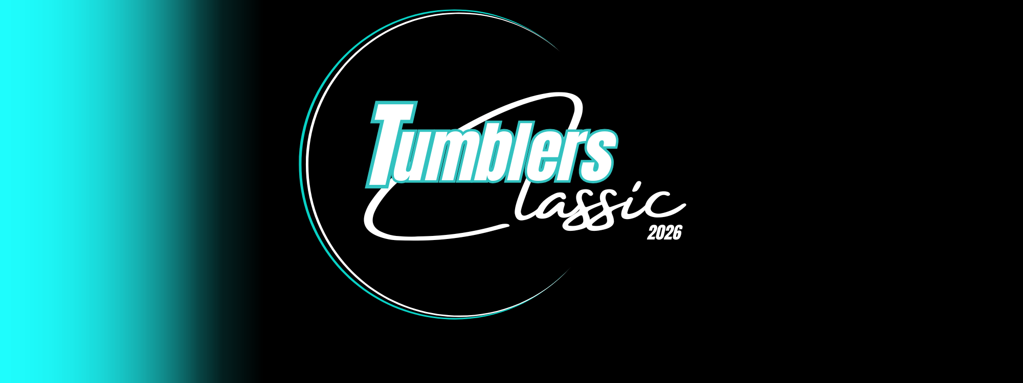 Tumblers Classic Gymnastics Competition in Orleans Ottawa. Features a black background with a teal gradient and a semi circle in teal and white with the words tumblers classic 2026