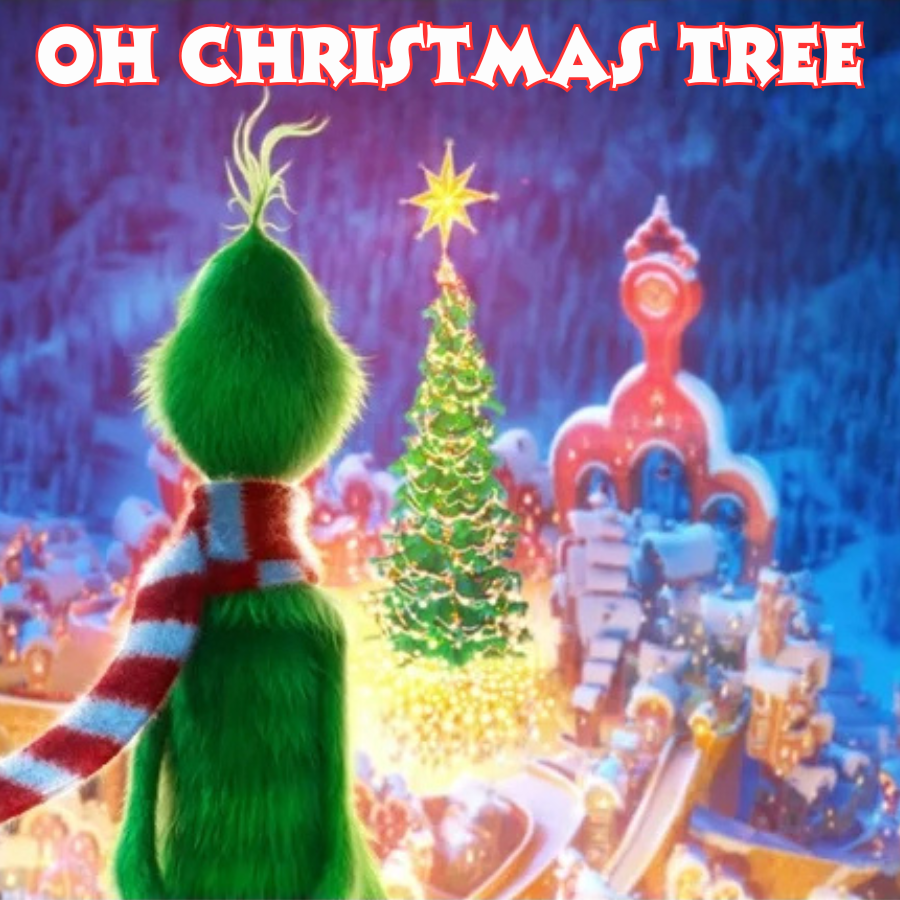 The grinch overlooking whoville and a very bright Christmas tree in the centre