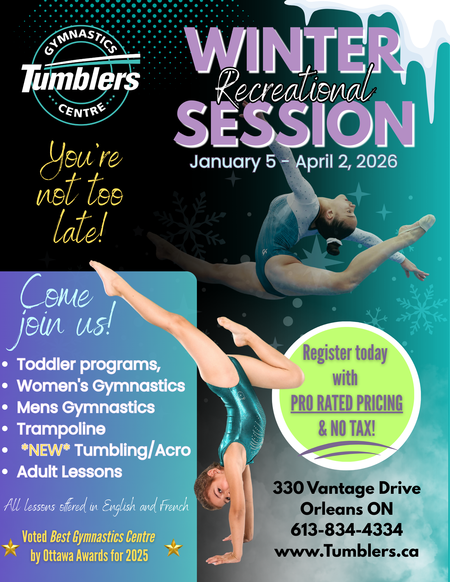 Winter recreational gymnastics poster for tumblers gymnastics centre. Poster displays all the classes offered. Runs from January 5-April 2, 2026