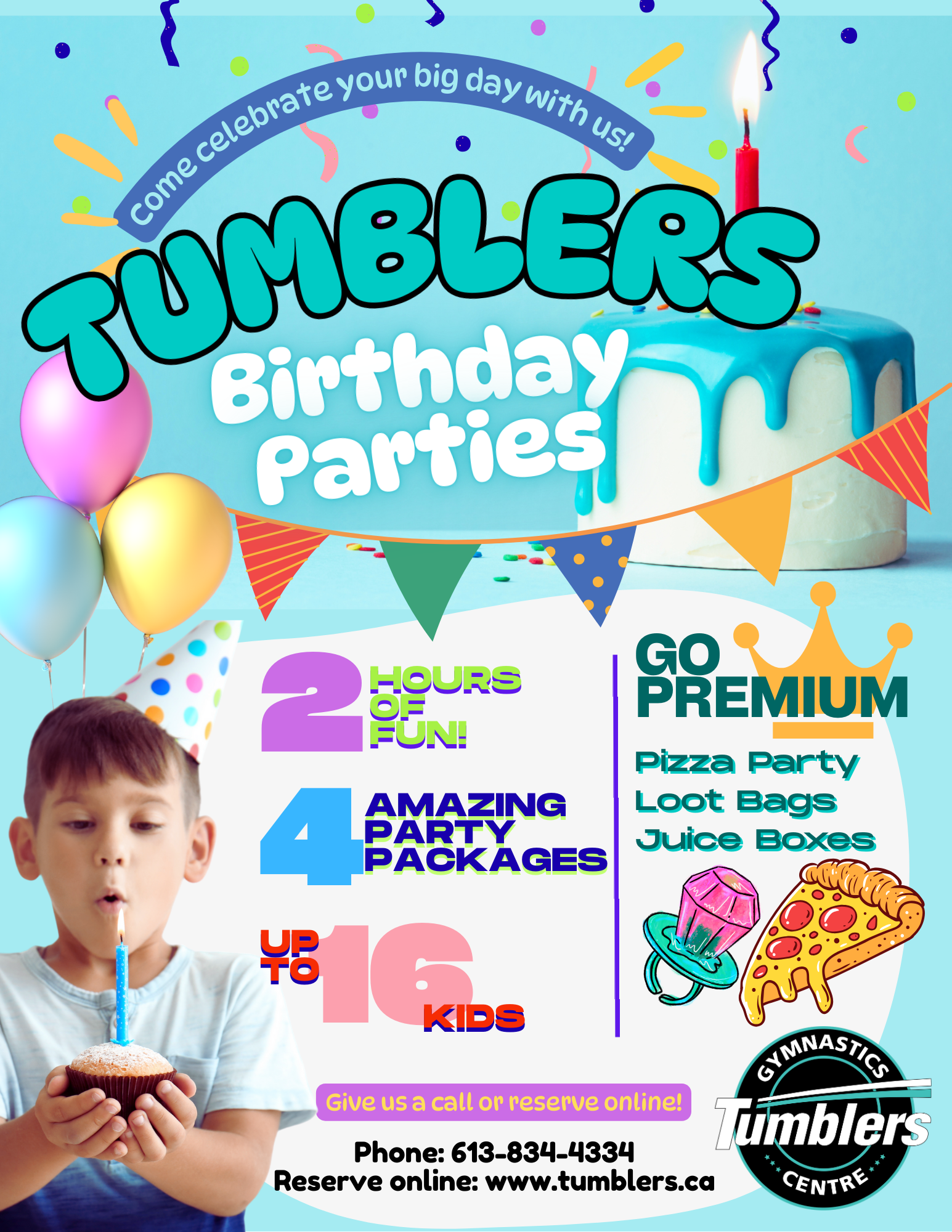 Tumblers Birthday Party Packages. 2 hours of fun, 4 packages to choose from and up to 16 kids. Go premium for even more!