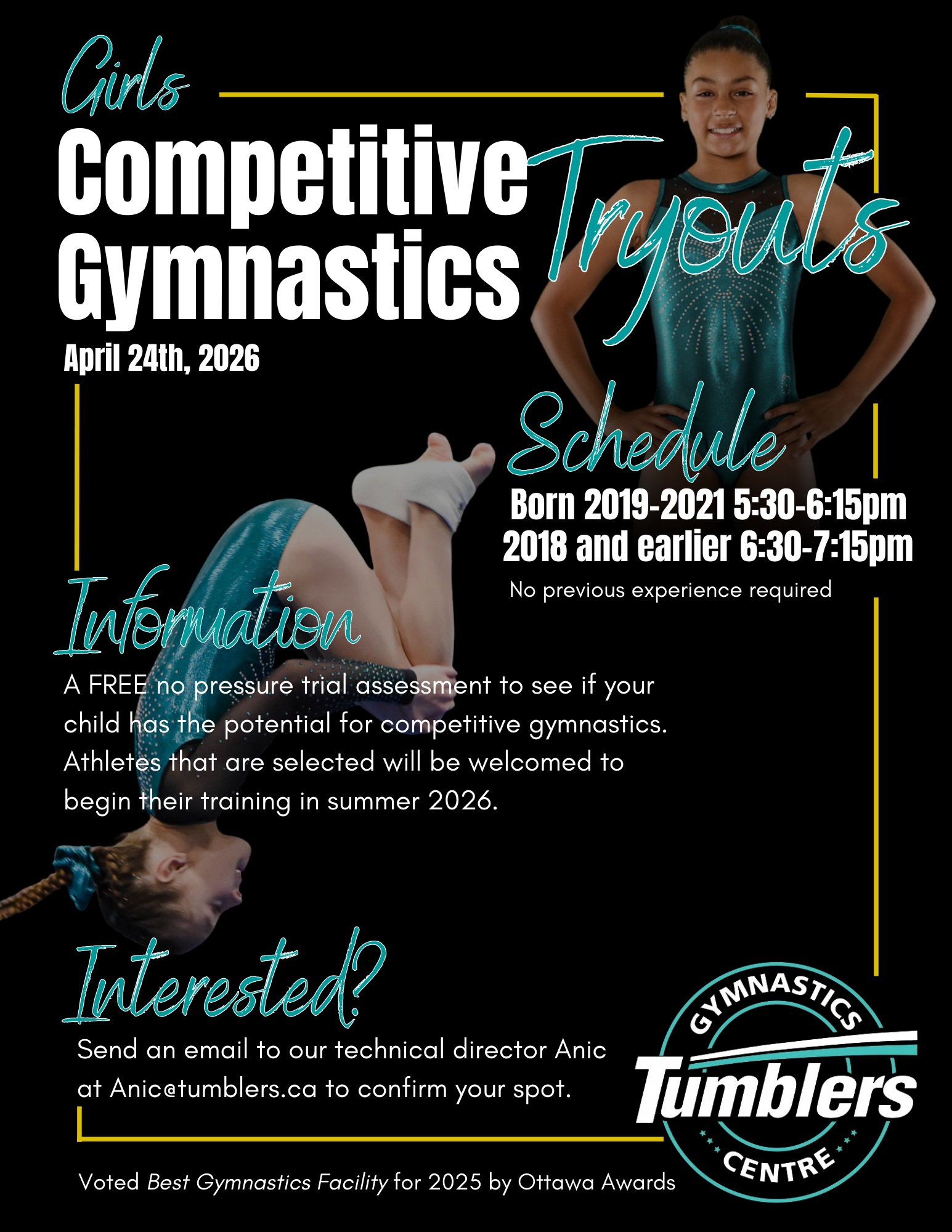 girls competitive gymnastics tryouts. April 24th beginning at 5:30pm.