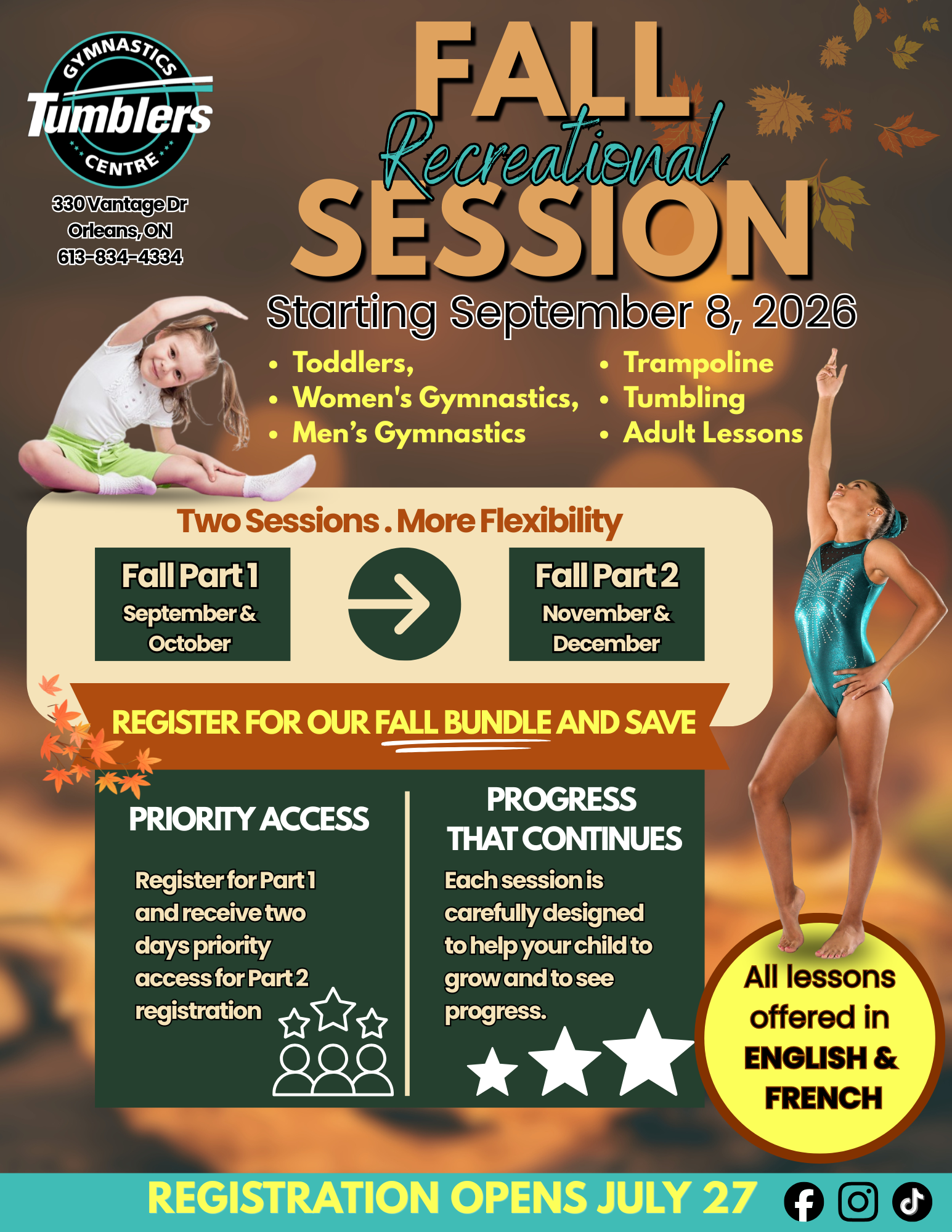 Gymnastics Lessons At Tumblers Gymnastics Centre for Fall. Toddler programs, womens and mens gymnastics, trampoline, tumbling and adult lessons available. Registration opens July 27th