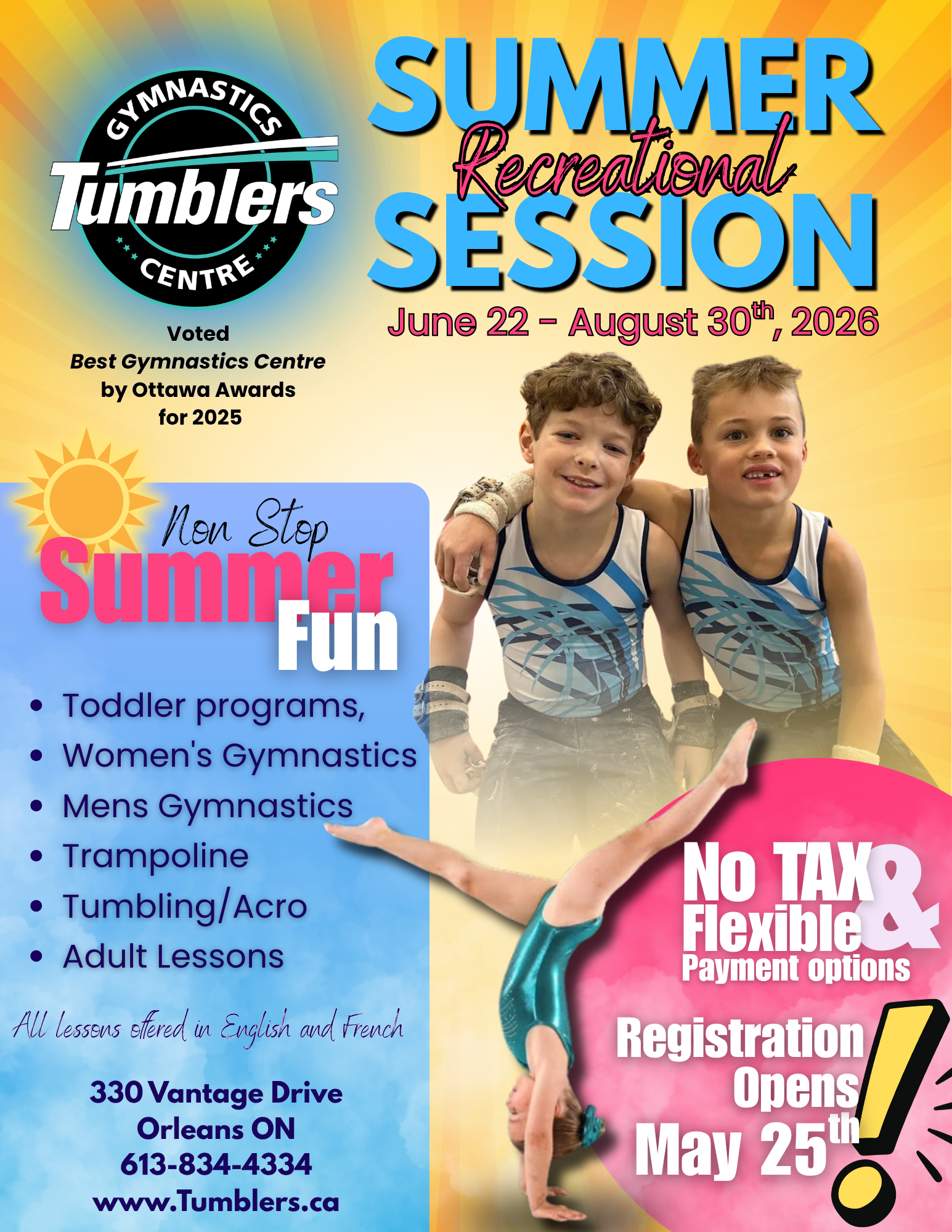 2026 summer recreational gymnastics lessons in Orleans Ottawa. Registration opens on May 26. Lessons available for kids, toddlers and adults!