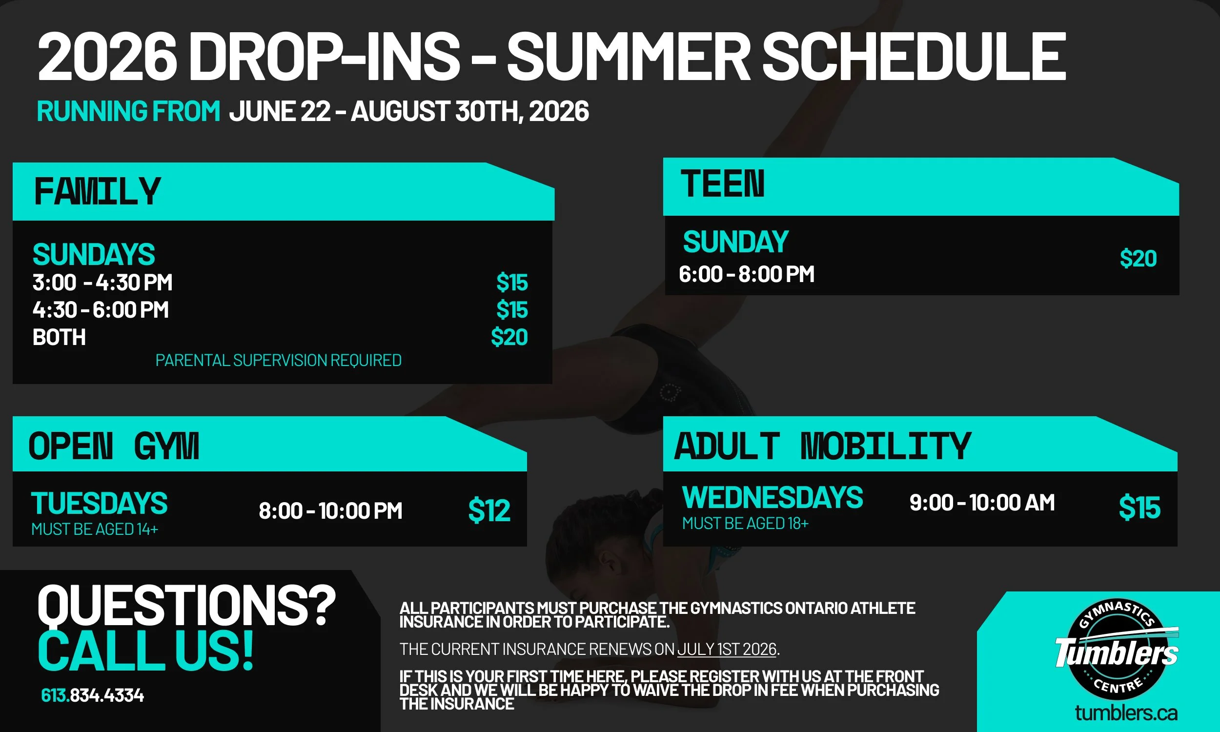 Full open gym and drop in schedule for summer 2026 at Tumblers Gymnastice Centre. Features options for families, teens and adults.
