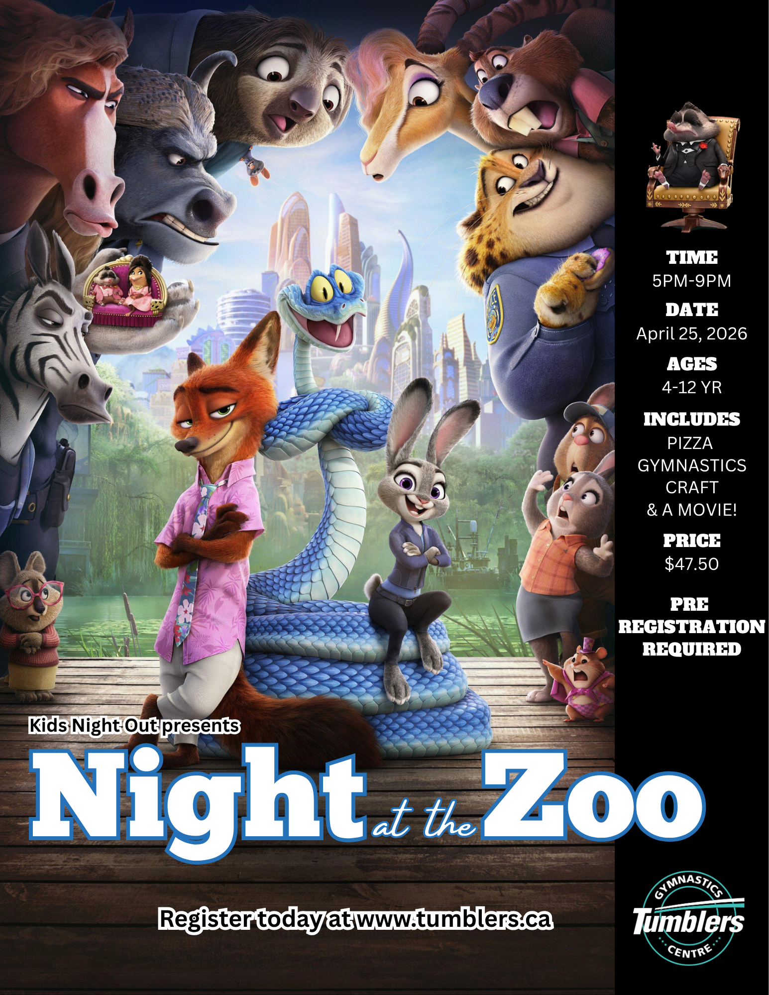 Kids Night Out at Tumblers Gymnastics Centre in Orleans. A kids event for ages 4-12 with the theme Night at the Zoo. Pizza, gymnastics, crafts and a movie on april 25th from 5-9pm.