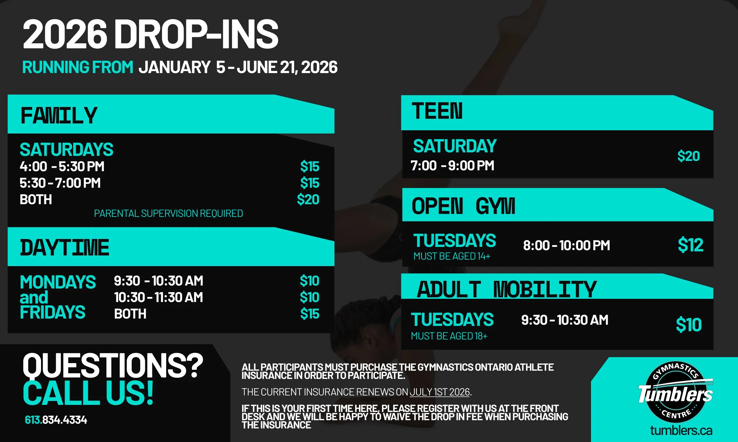 Full 2026 Schedule for Open Gyms / Drop Ins at Tumblers Gymnastics in Orleans