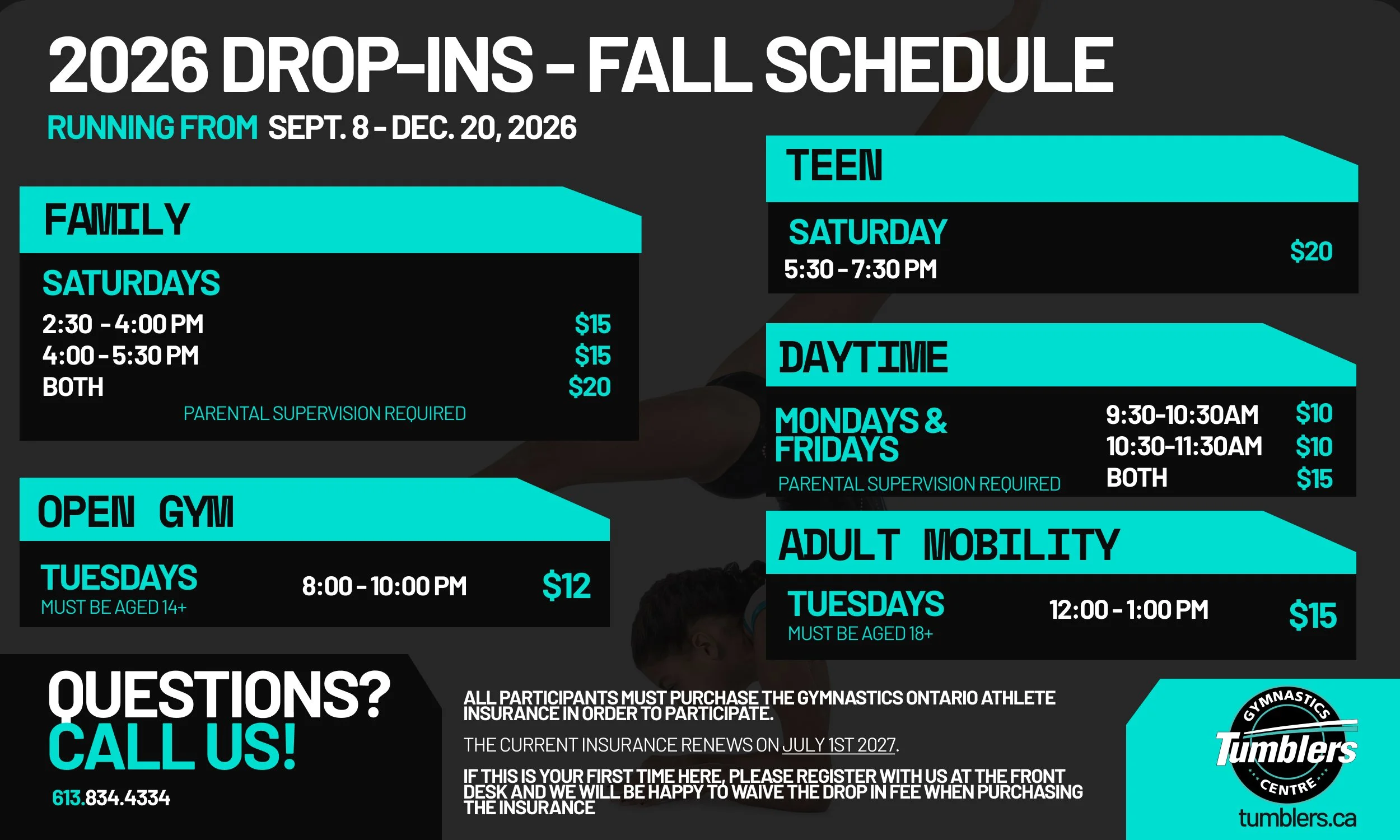 Full schedule of all drop ins/open gyms available in Autumn of 2026 for Tumblers Gymnastics Centre