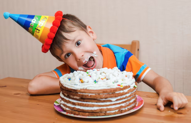 Boy in birthday party hat with mouth open and a giant birthday cake in front of him