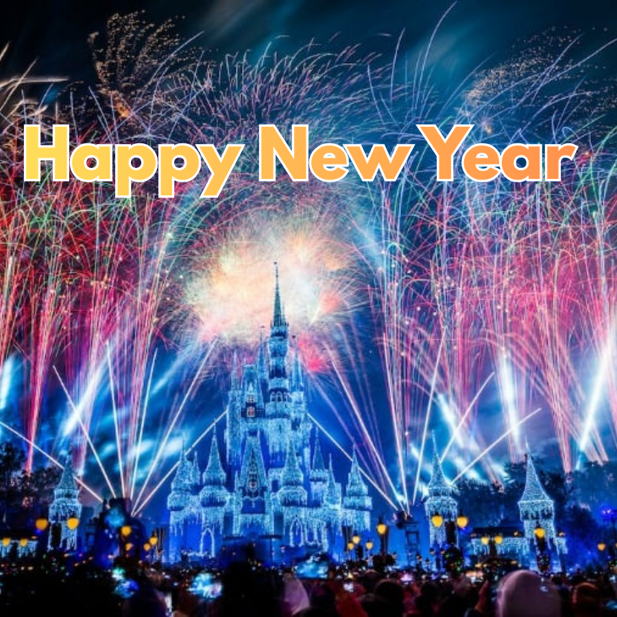 Disney Castle at Night with incredible light show and many fireworks in the sky