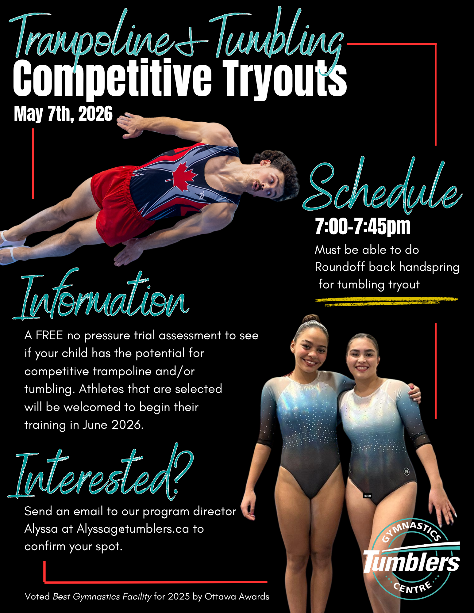 Trampoline and Tumbling Tryouts on May 7th, 2026 at Tumblers Gymnastics Centre in Orleans. Begins at 7:00pm and is 45 minutes long and no cost to attend. Features a male trampoline and two female tumblers in action.