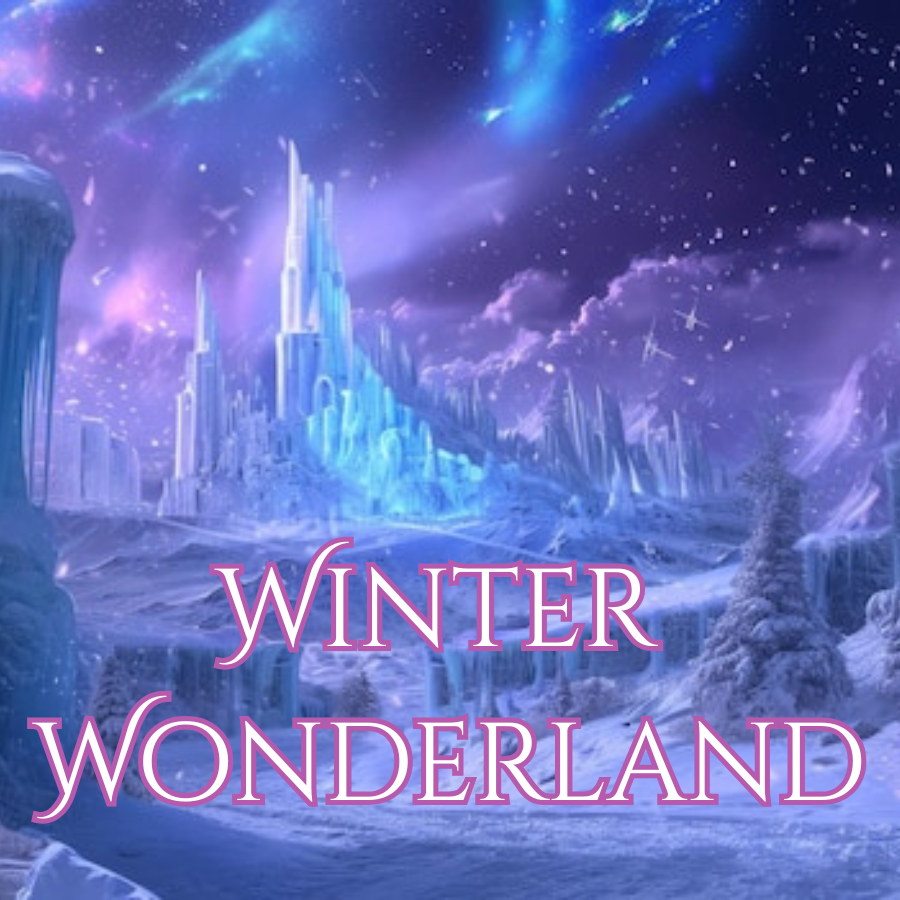 Winter Wonderland Background showcasing an ice castle and northern lights