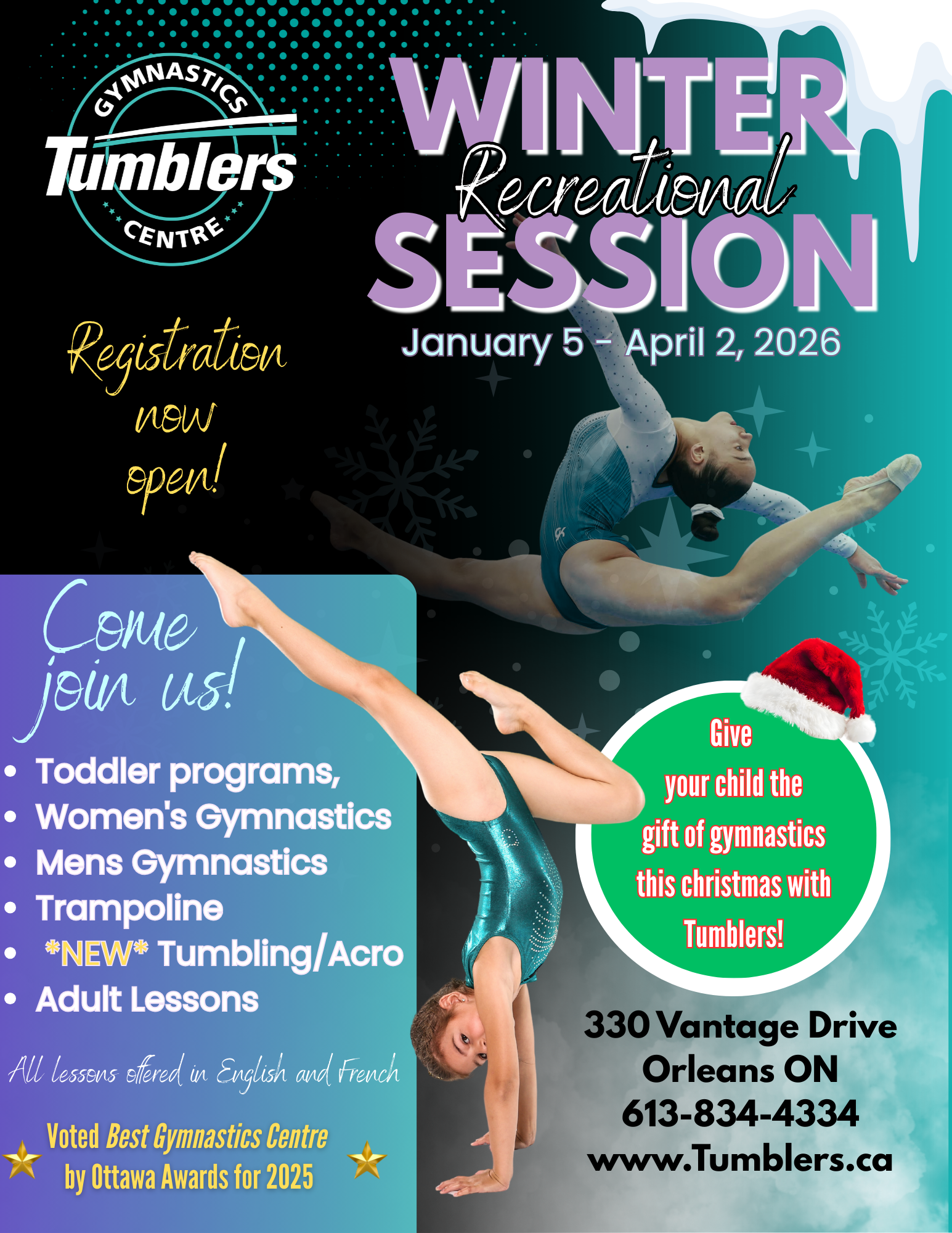 Winter Rec Session at Tumblers. Classes begin January 5th. Classes available for all ages in English and French.