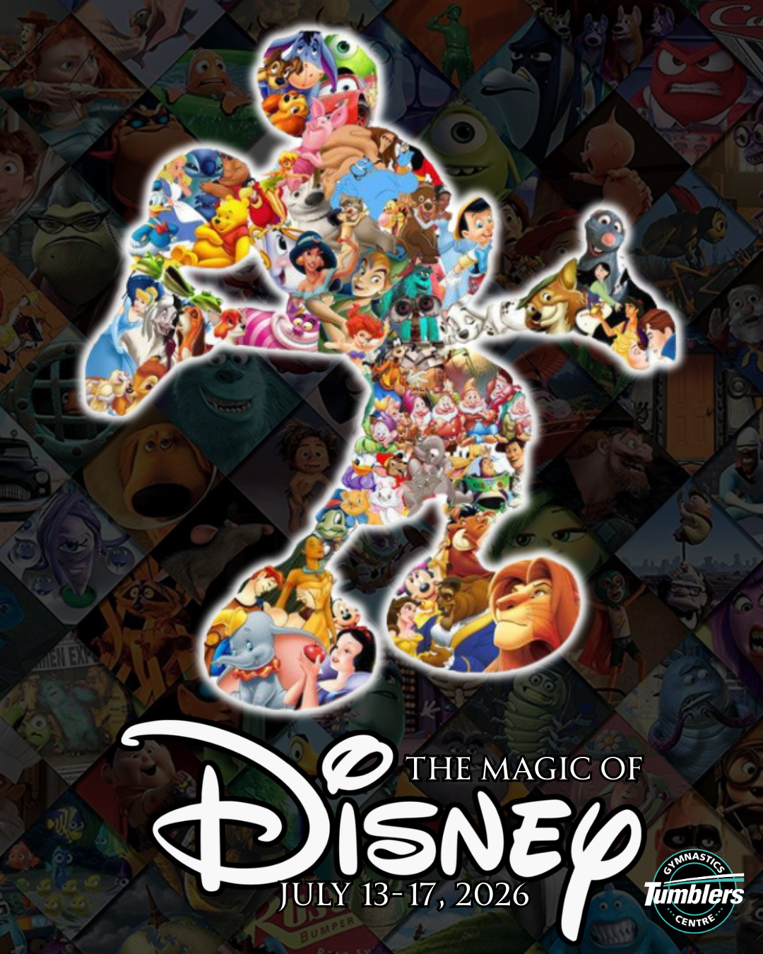 Magic of Disney summer camp for tumblers gymnastics in ottawa orleans. Features outline of mickey mouse with all disney characters filling in silhouette. Background faintly displays more disney characters as well.