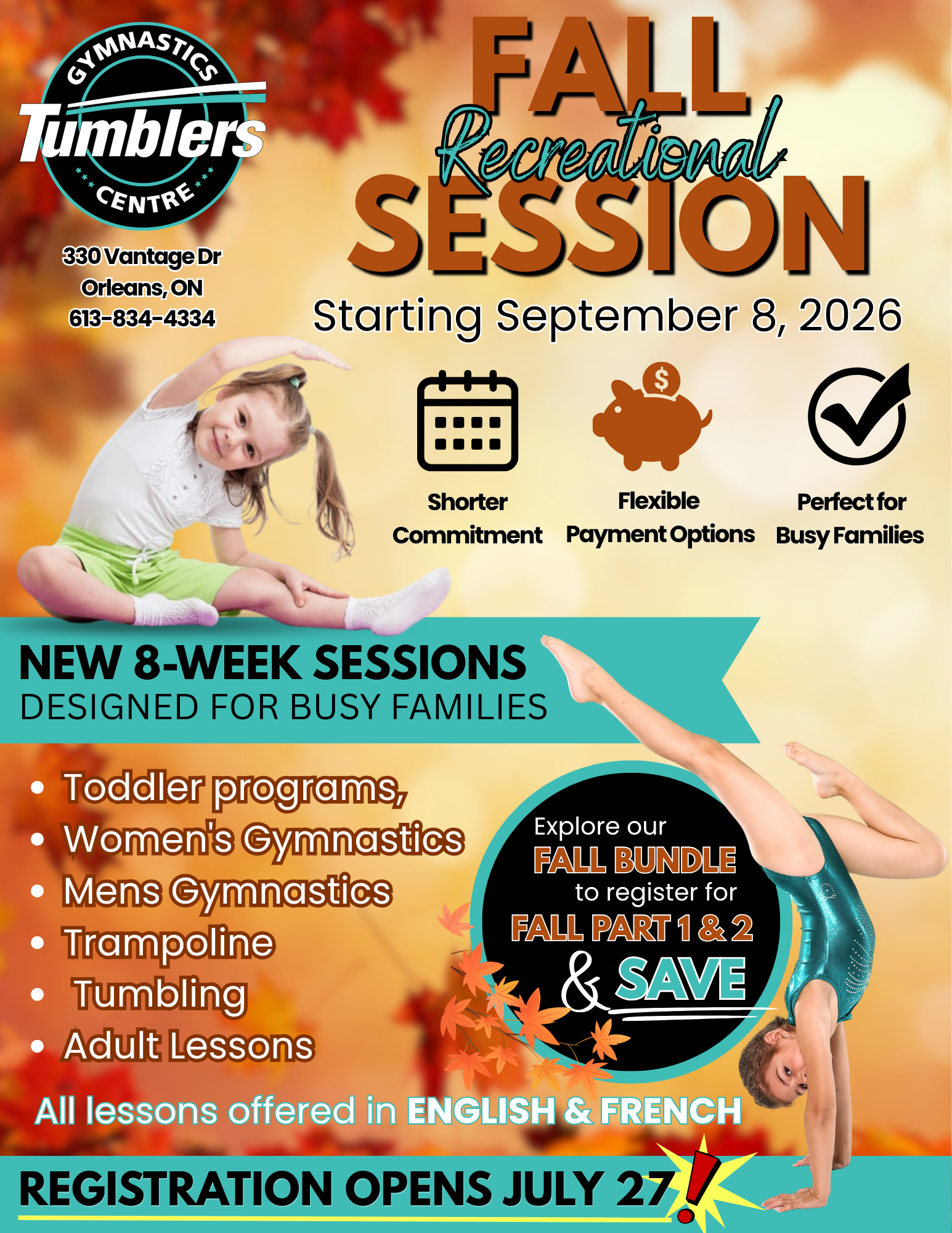 Gymnastics Lessons At Tumblers Gymnastics Centre for Fall. Toddler programs, womens and mens gymnastics, trampoline, tumbling and adult lessons available. Registration opens July 27th
